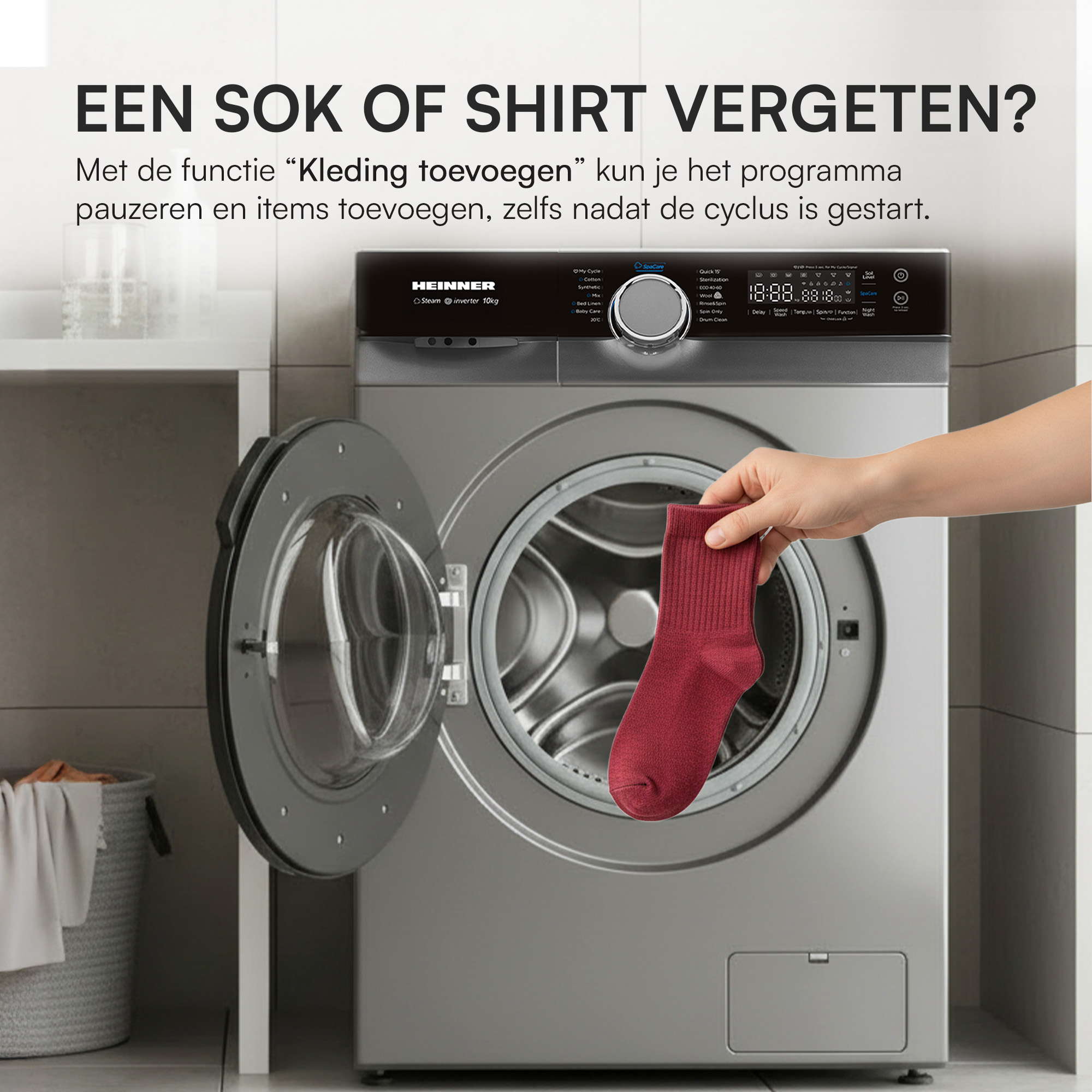 A hand holds a red sock over an open washing machine. Text above reads 'forgot a sock or shirt?'