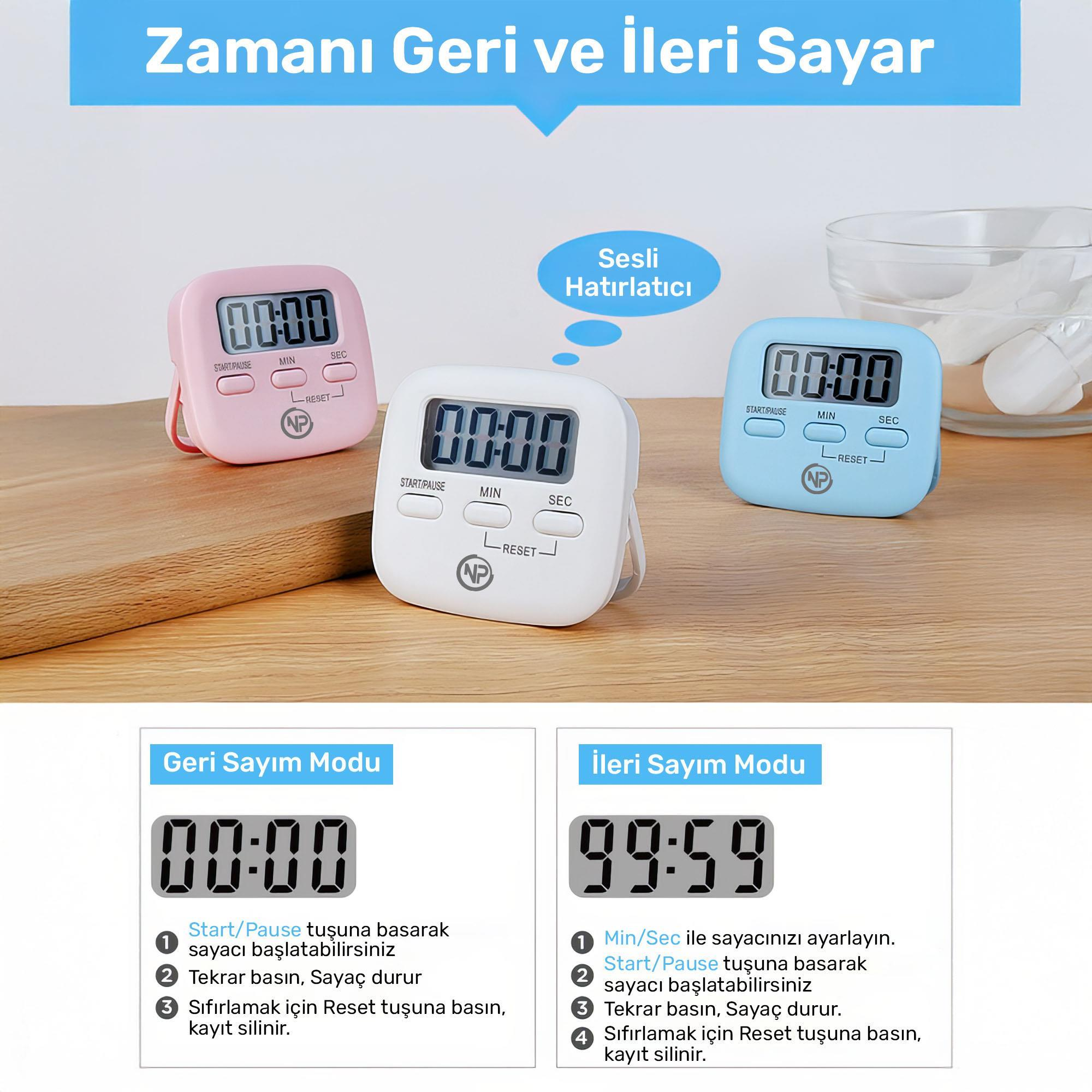 Pembe, beyaz ve mavi renklerde üç dijital mutfak zamanlayıcısı, her biri '00:00' gösteriyor. Metin zamanlayıcı işlevlerini açıklıyor.