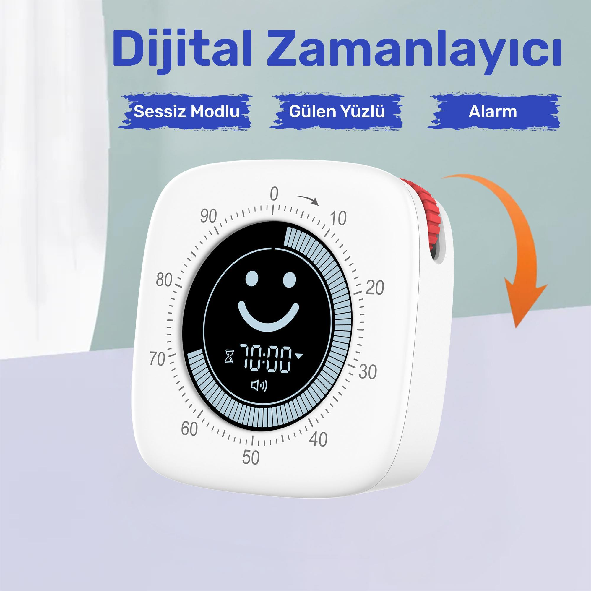 Beyaz dijital zamanlayıcı, gülen yüz ile 10:00'ı gösteriyor. Mavi etiketler: sessiz mod, gülen yüz ve alarm.