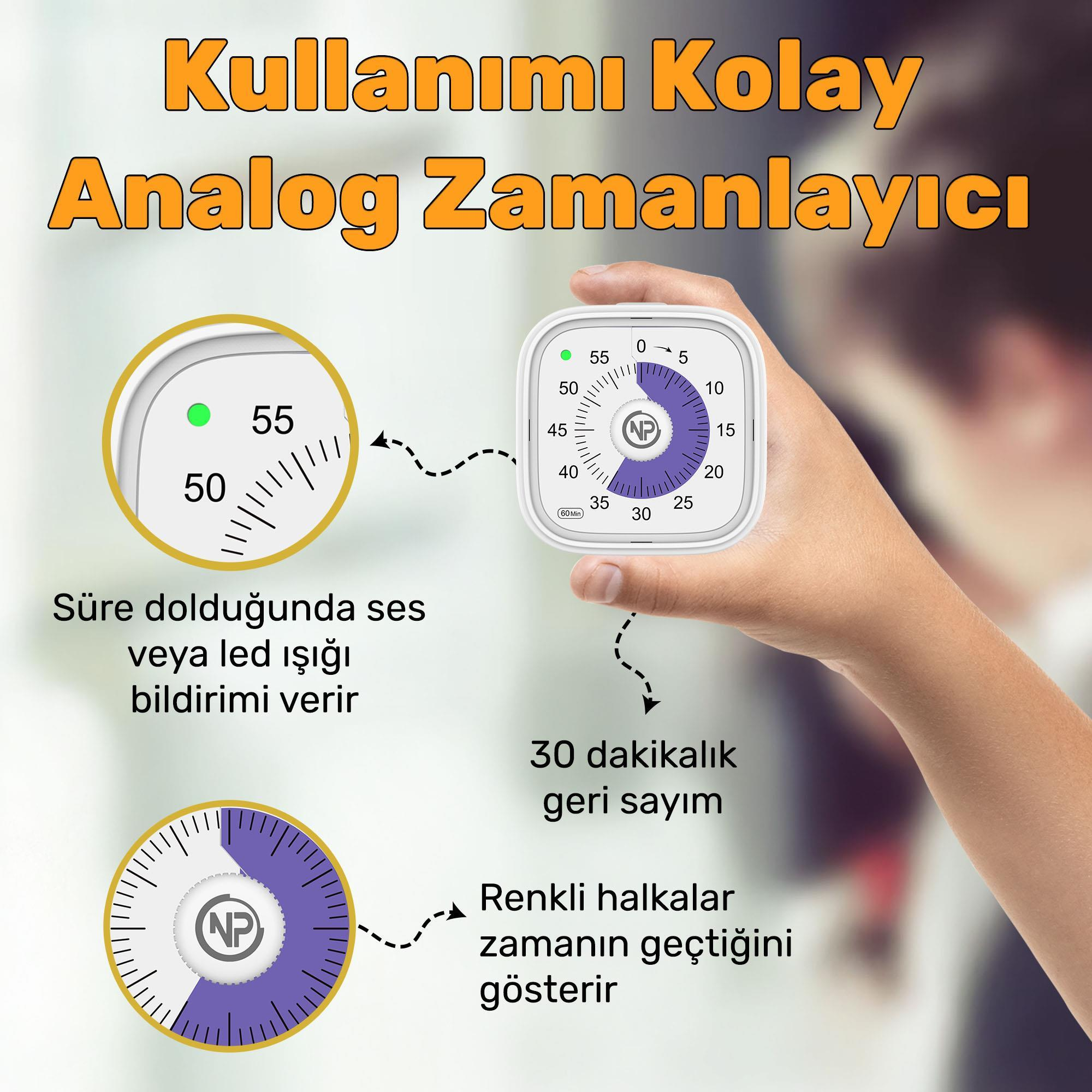 Bir el analog bir zamanlayıcı tutuyor. Metin 'Kullanımı Kolay Analog Zamanlayıcı' diyor. Zamanlayıcı mor kadranlı beyazdır.