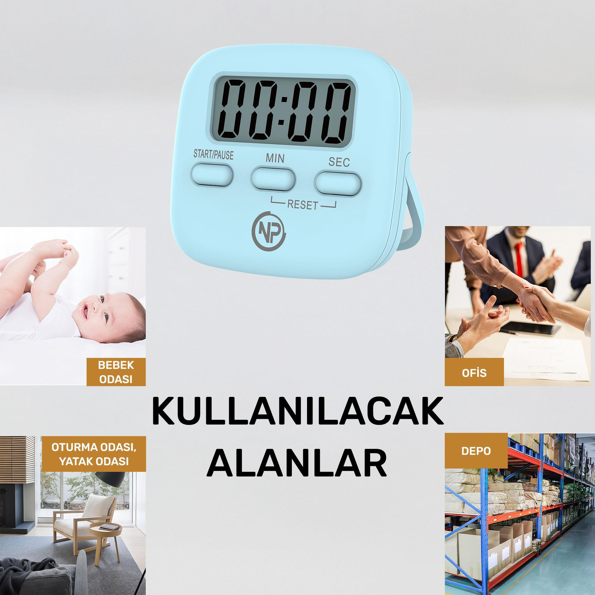 Dijital ekran ve düğmeleri olan mavi bir zamanlayıcı. Görüntüler, olası kullanım alanlarını gösterir: bebek odası, ofis, oturma odası ve depo.