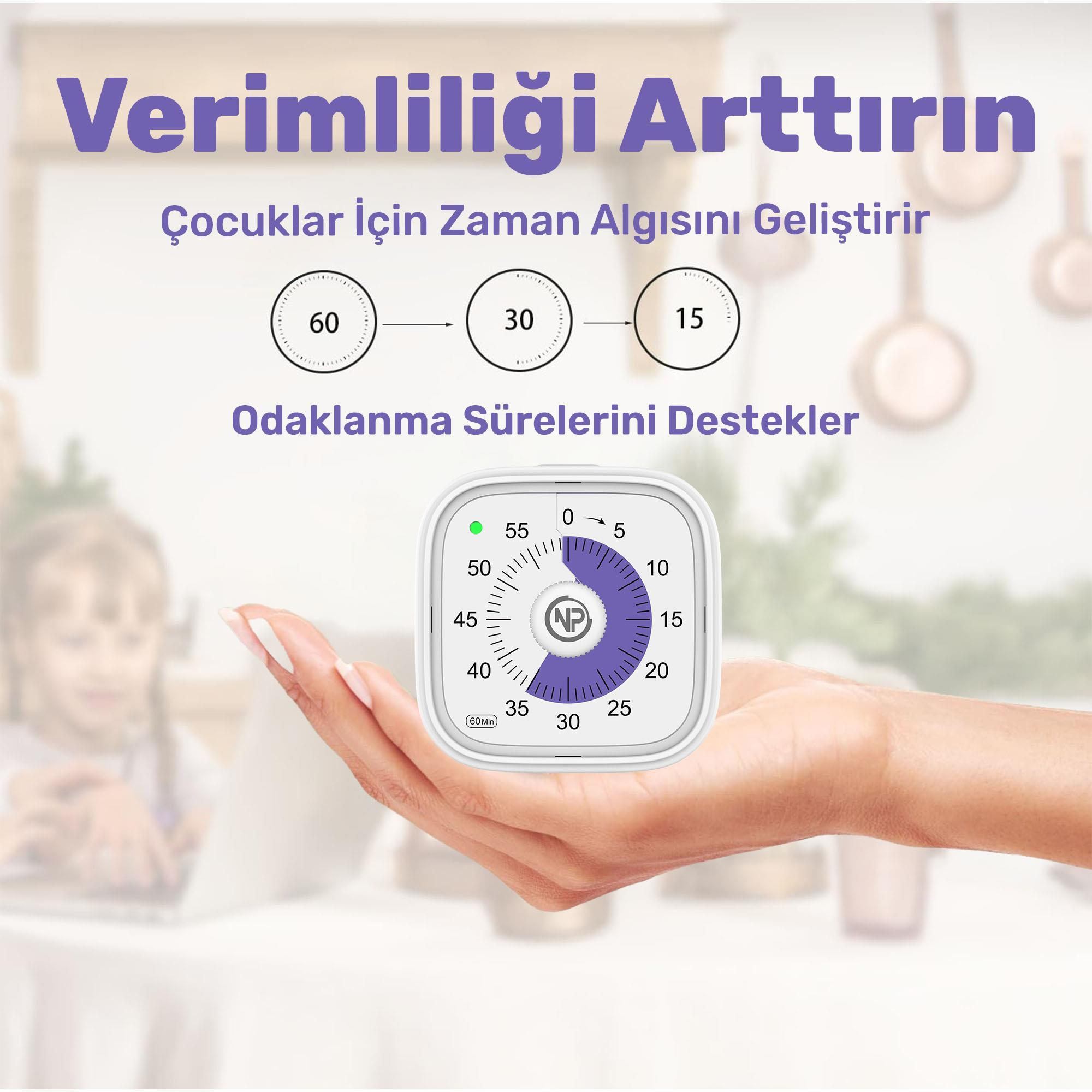 El bir zamanlayıcı tutuyor. Metin diyor ki, 'Verimliliği Artırın'. Çocukların zaman farkındalığı. Zaman dilimlerine odaklanın.