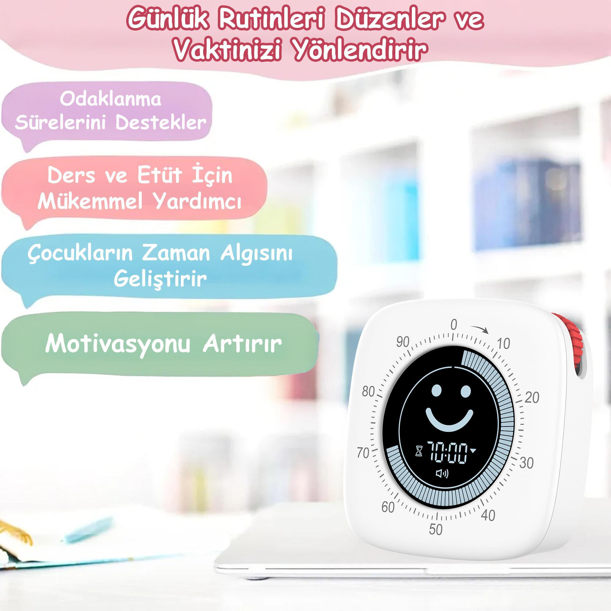 Gülümseyen bir yüzü olan beyaz bir zamanlayıcı, numaralı bir ölçekle çevrili. Türkçe metin balonları işlevlerini vurgular.