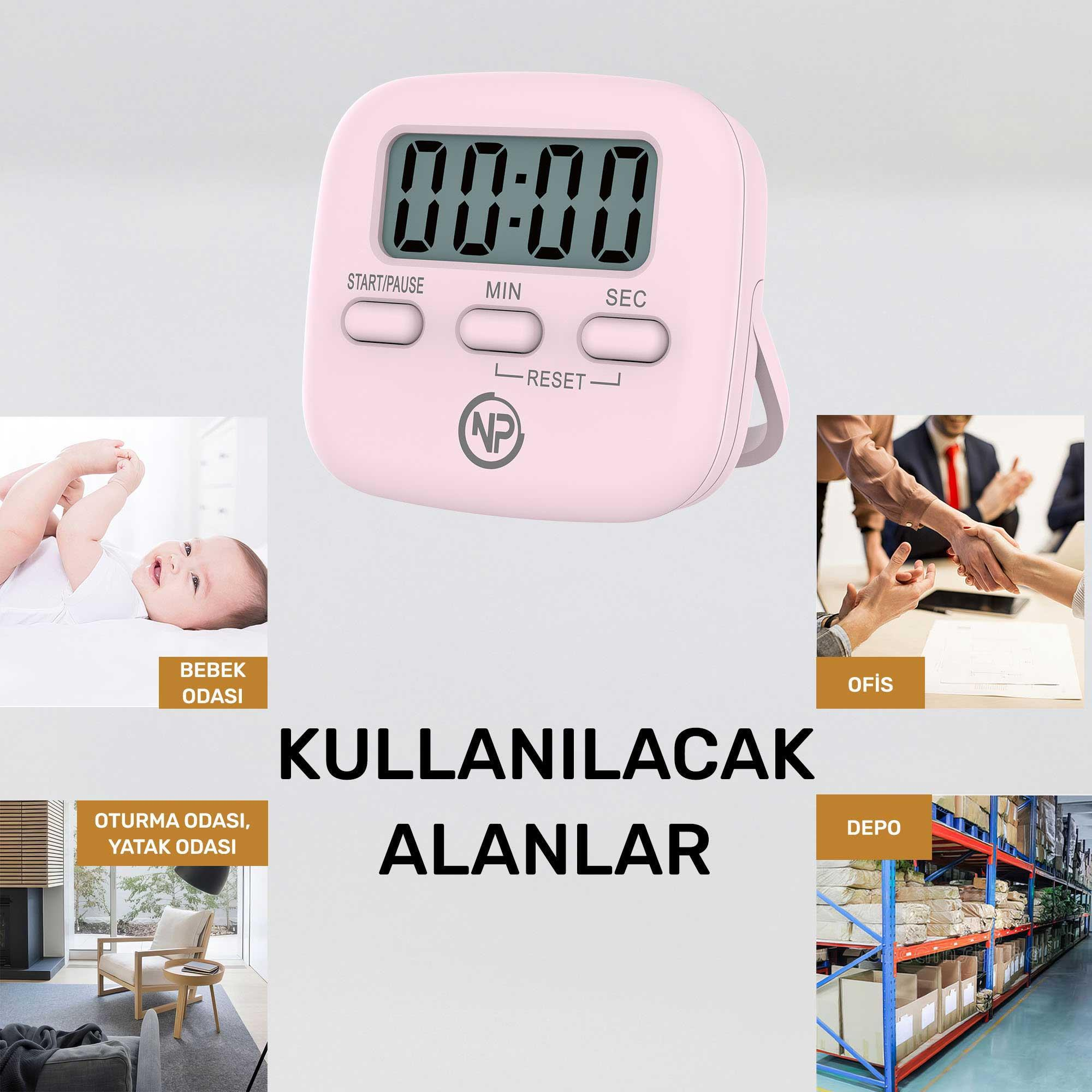 Düğmeleri olan pembe zamanlayıcı, 00:00 ekranı. Sahneler bebek, ofis tokalaşması, oturma odası ve depoyu içerir.