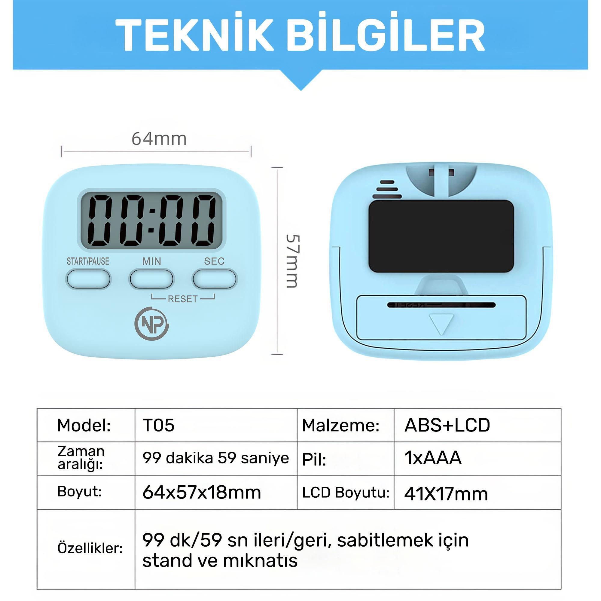 Mavi kasaya sahip dijital bir mutfak zamanlayıcısı, zamanı gösteriyor. Teknik detaylar aşağıda, boyutlar ve malzeme dahil.