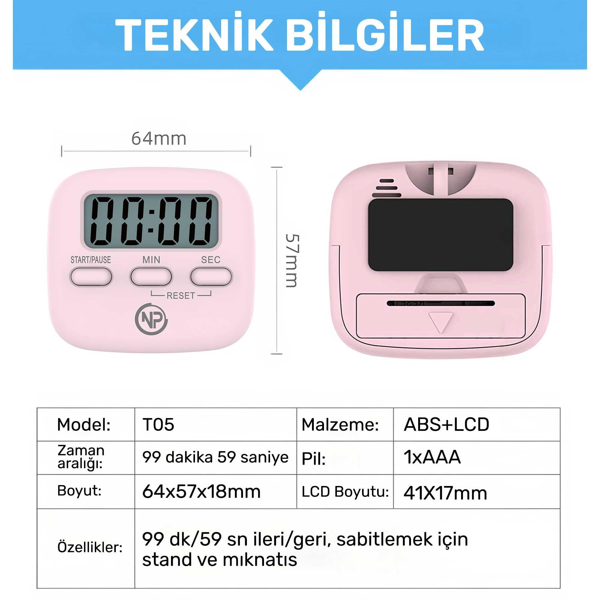 Dijital ekranlı, boyutları ve teknik özellikleri olan pembe bir mutfak zamanlayıcısı. 00:00 ekranı ve etiketler içerir.
