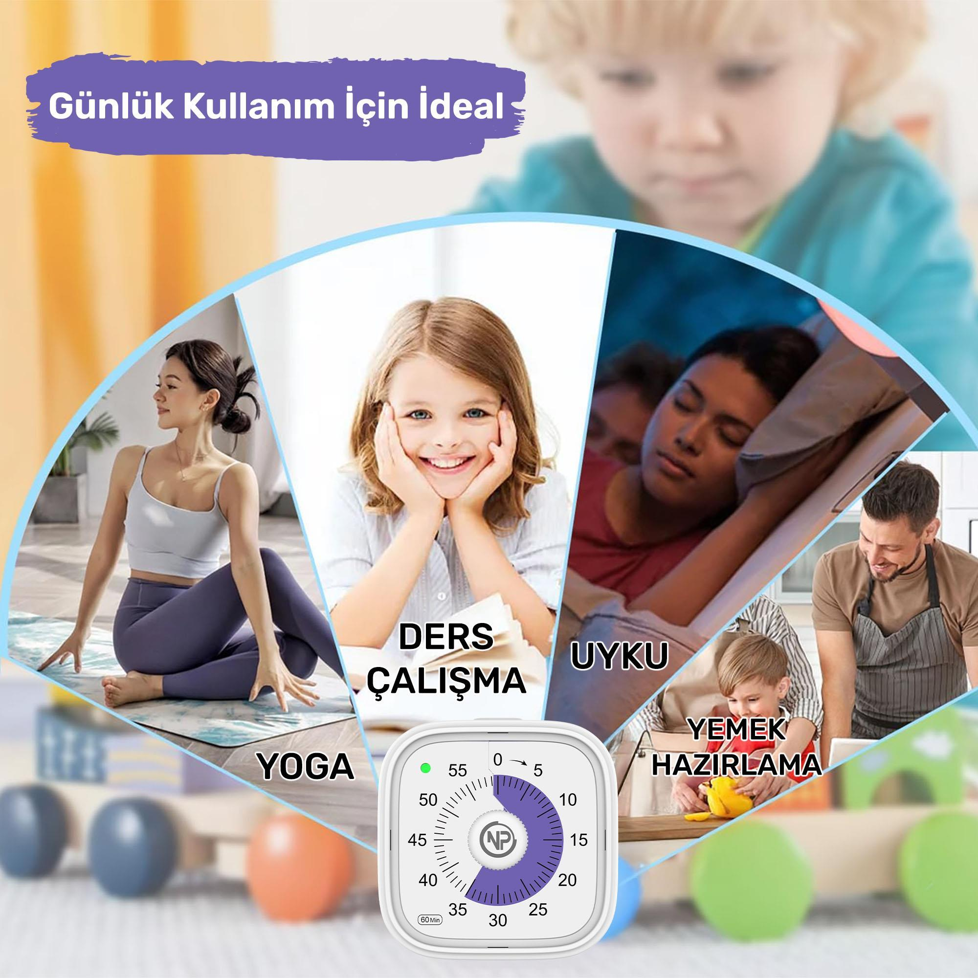 Yoga, ders çalışmak, uyumak ve yemek pişirmek resimleriyle çevrili bir saat. Saat 30 dakikayı gösteriyor.
