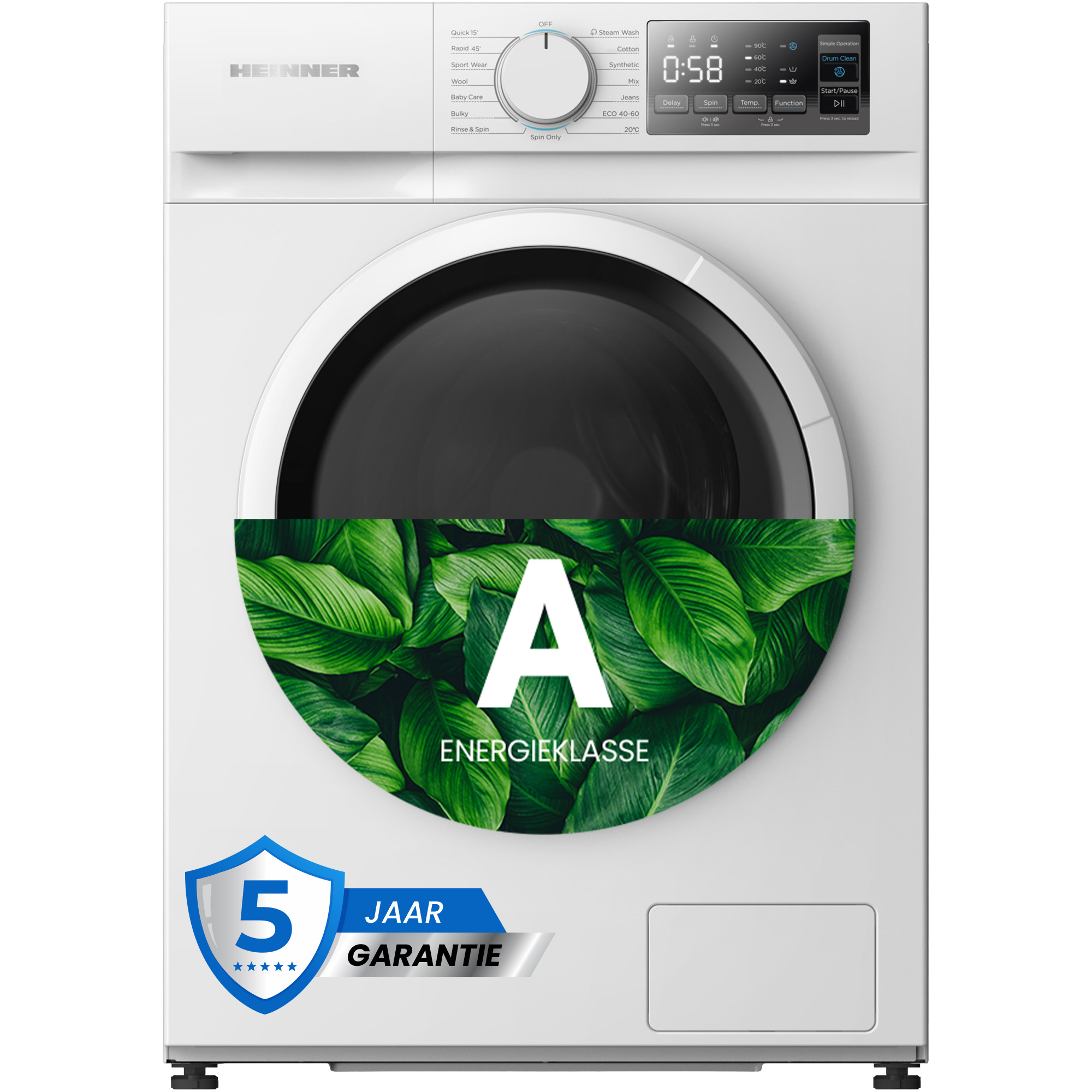 Witte wasmachine met een bladeren design. Heeft een bedieningspaneel, een draaiknop en een energielabel 'A'.