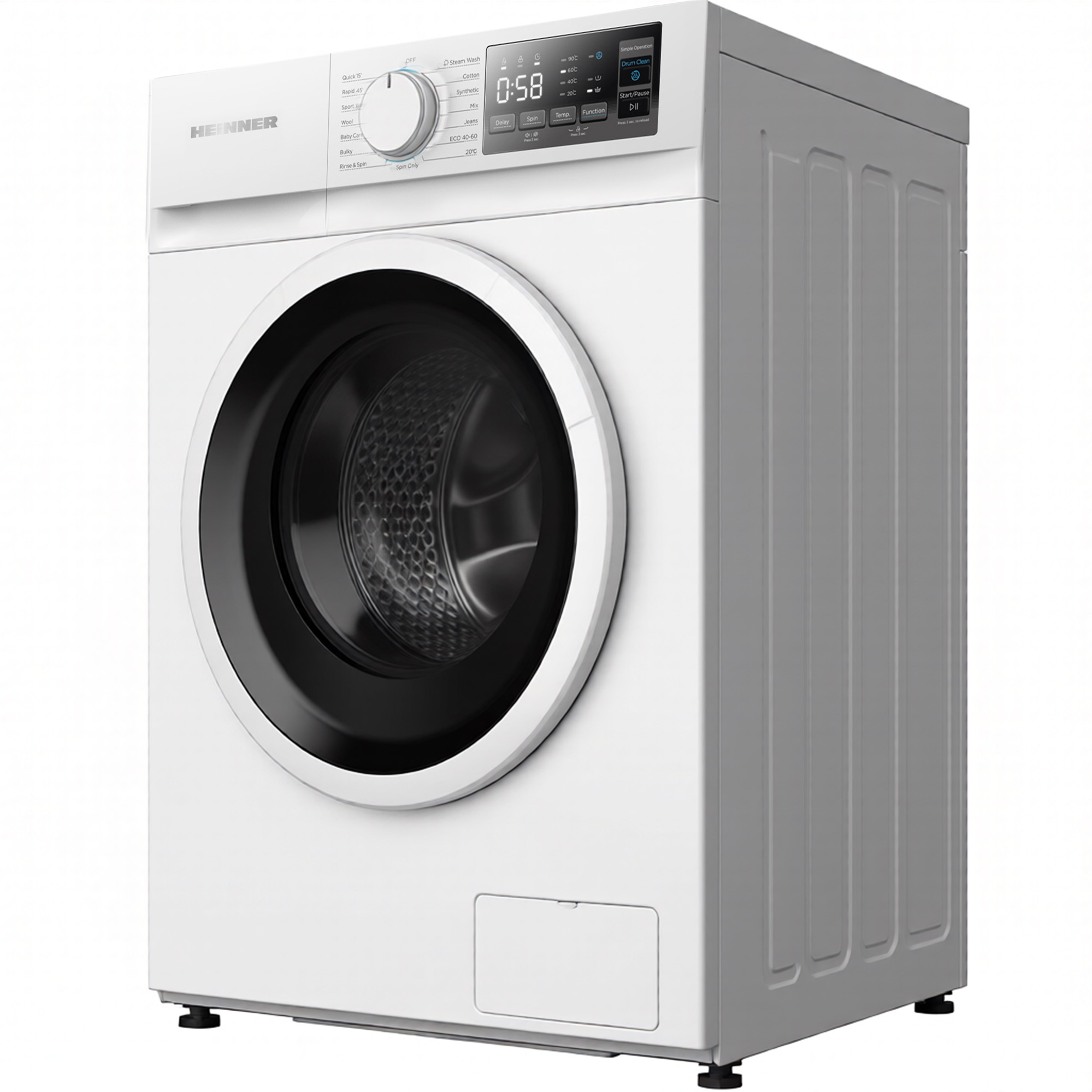 Een witte wasmachine met een zwarte deur en bedieningspaneel. Het merk is Heinner. De weergegeven tijd is 0:58.