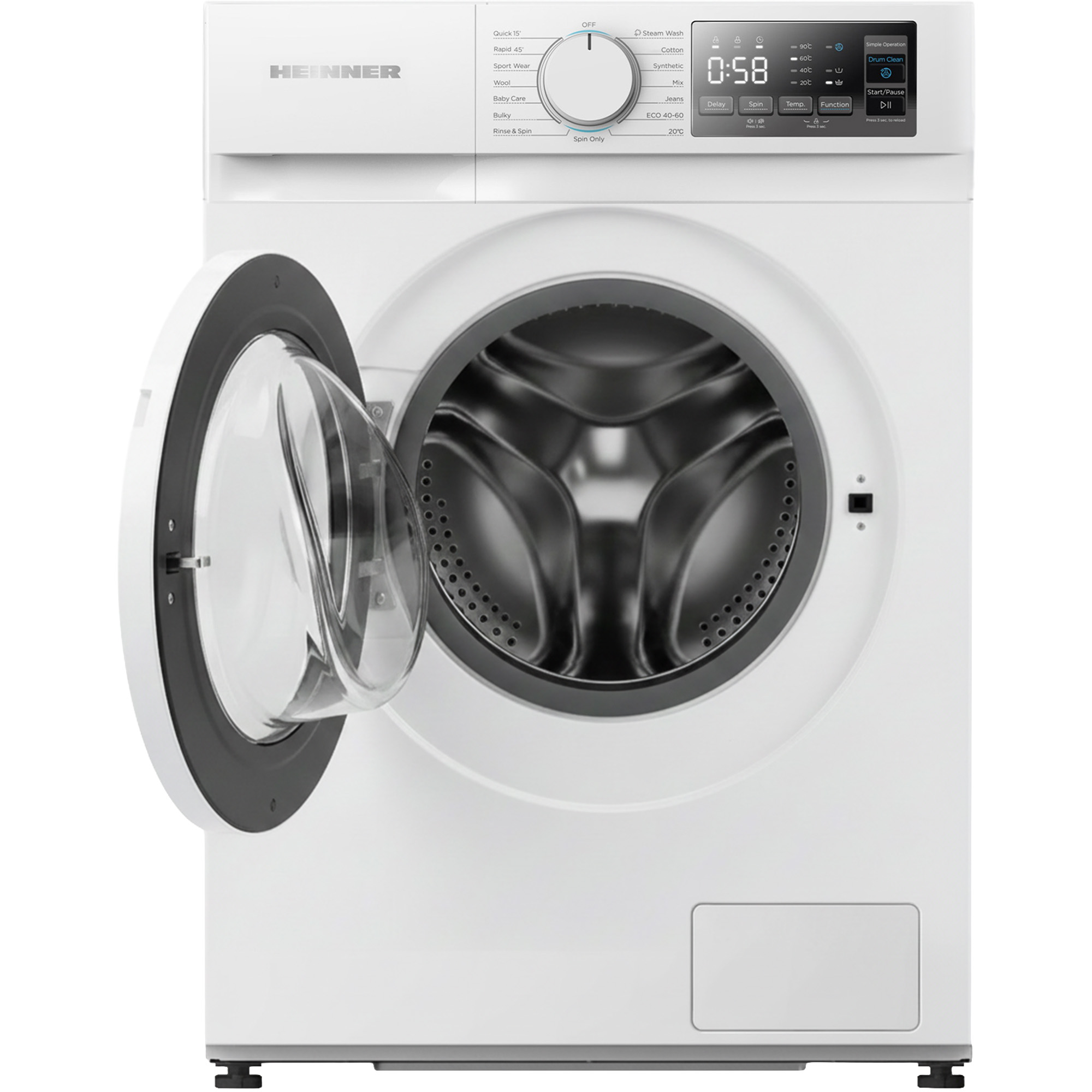 Een witte wasmachine met een open deur. Bediening en display zijn zichtbaar. Het merk is Heinner.
