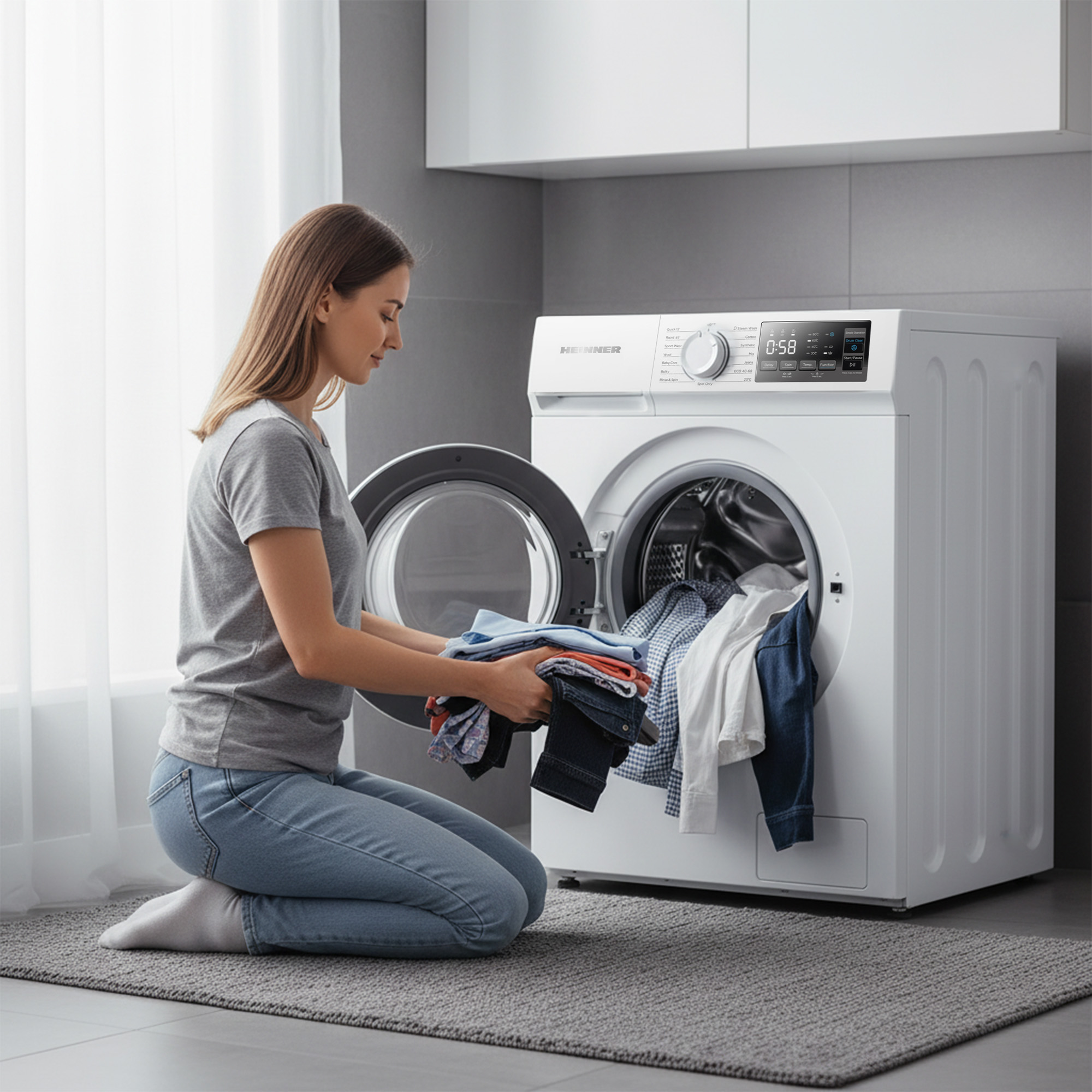 Een vrouw knielt en stopt kleding in een witte wasmachine. De vrouw draagt een spijkerbroek en een grijs shirt.