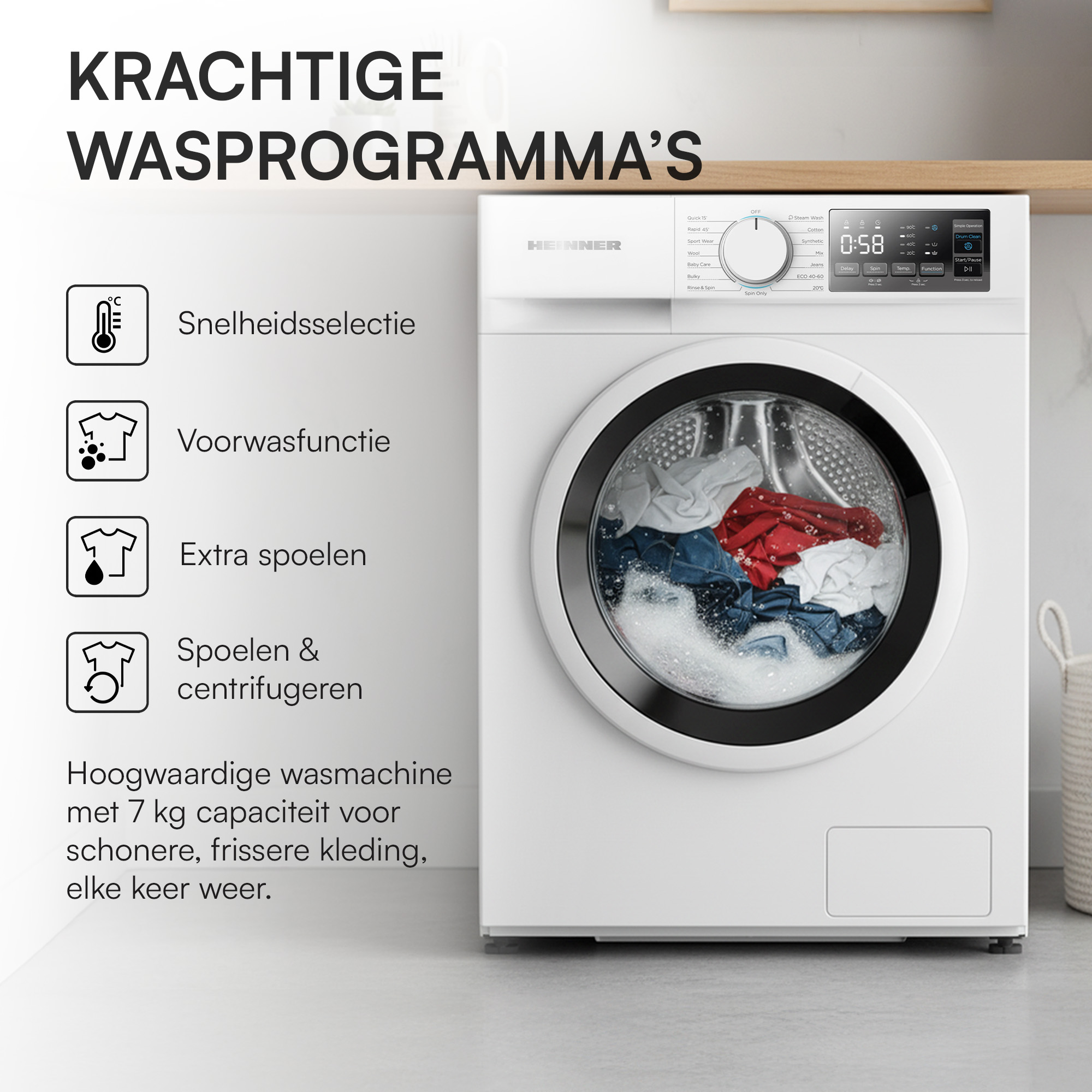 Een witte wasmachine met kleding erin. Het heeft een digitaal display en bedieningspaneel. Tekst is in het Nederlands.