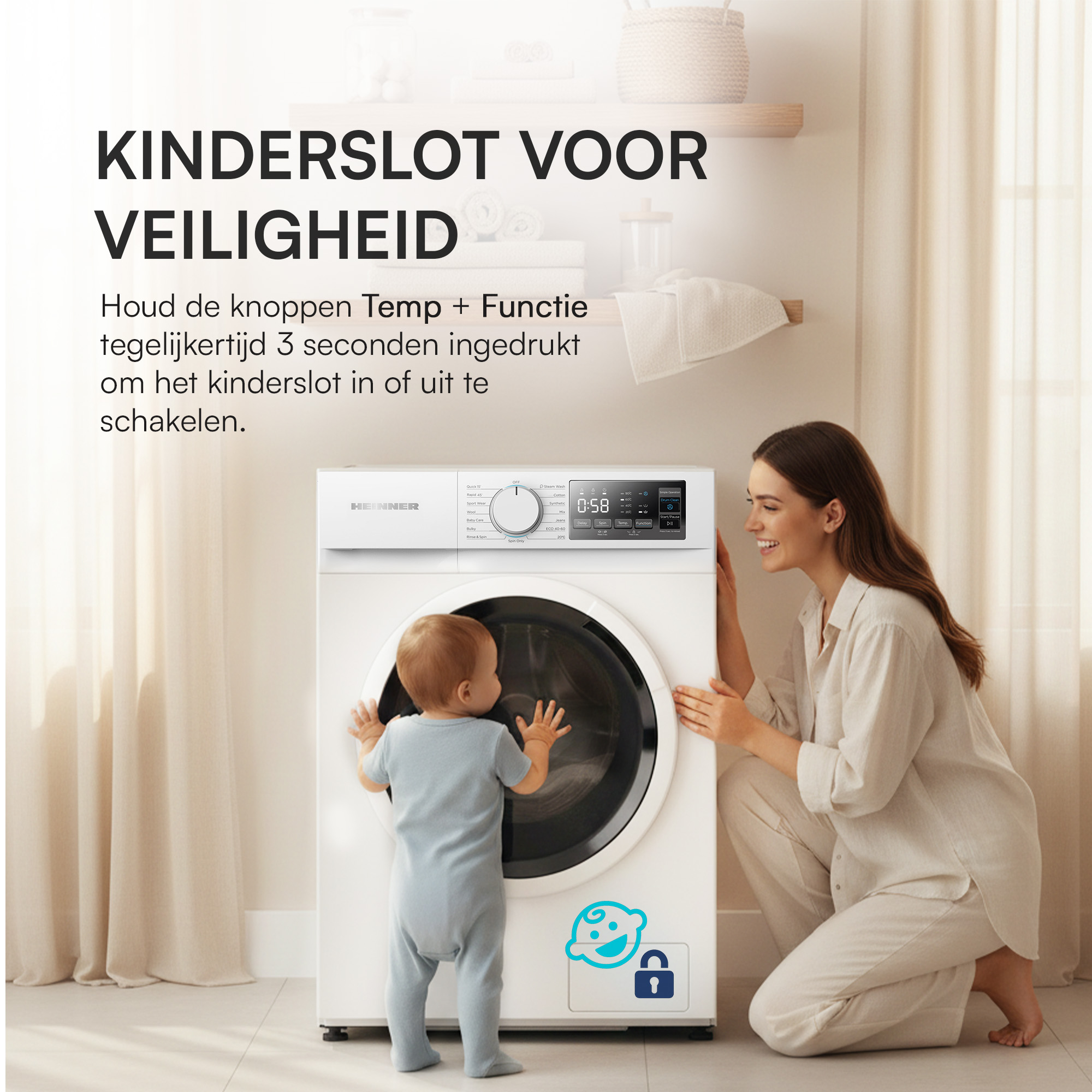 Een baby en een vrouw staan bij een wasmachine. De machine heeft een kinderslot. Tekst in het Nederlands.