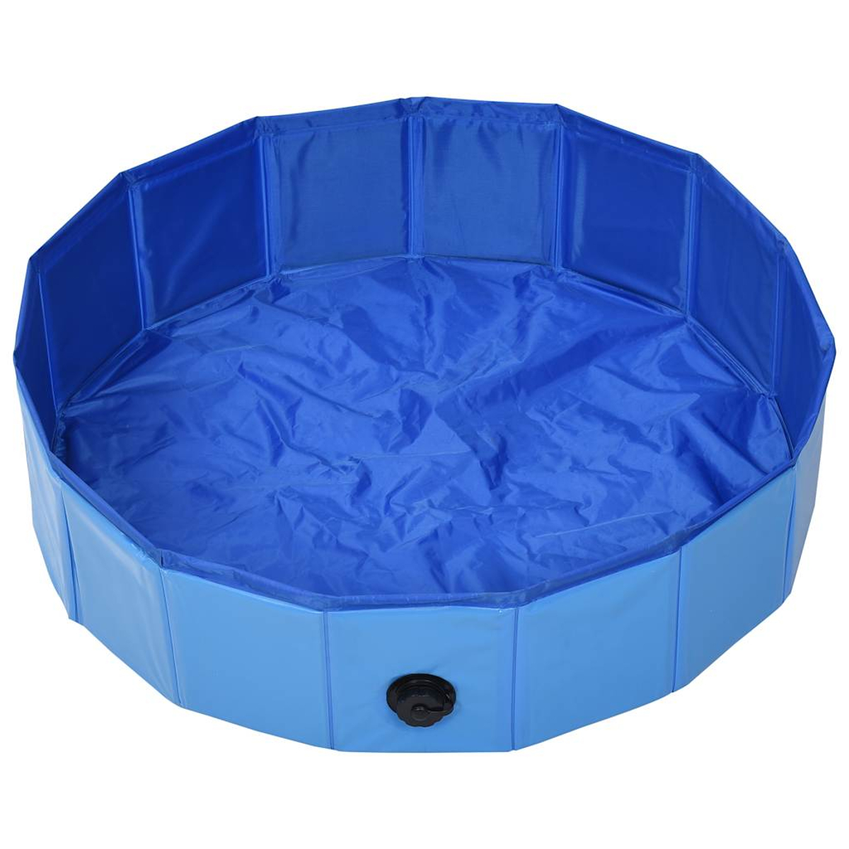 Gezeigt wird ein blauer, faltbarer, kreisförmiger Pool für Haustiere. Er hat ein dunkles Ventil an der Seite. Innen und Wände sind blau.