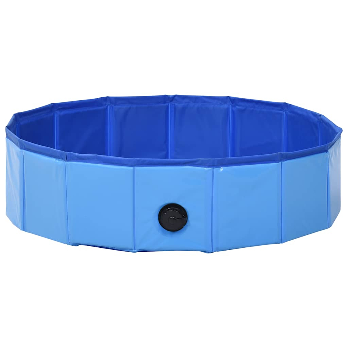 Ein blau-schwarzer, zusammenklappbarer Hundepool. Der Pool ist achteckig mit einem schwarzen Ablaufstopfen. Der Innenraum ist dunklerblau.