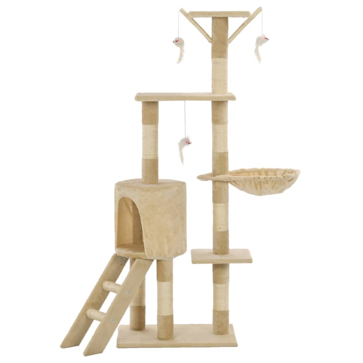 Beiger Katzenbaum mit mehreren Ebenen, Kratzbäumen, einem Versteck, einer Leiter, einem Korb und hängenden Spielzeugmäusen.