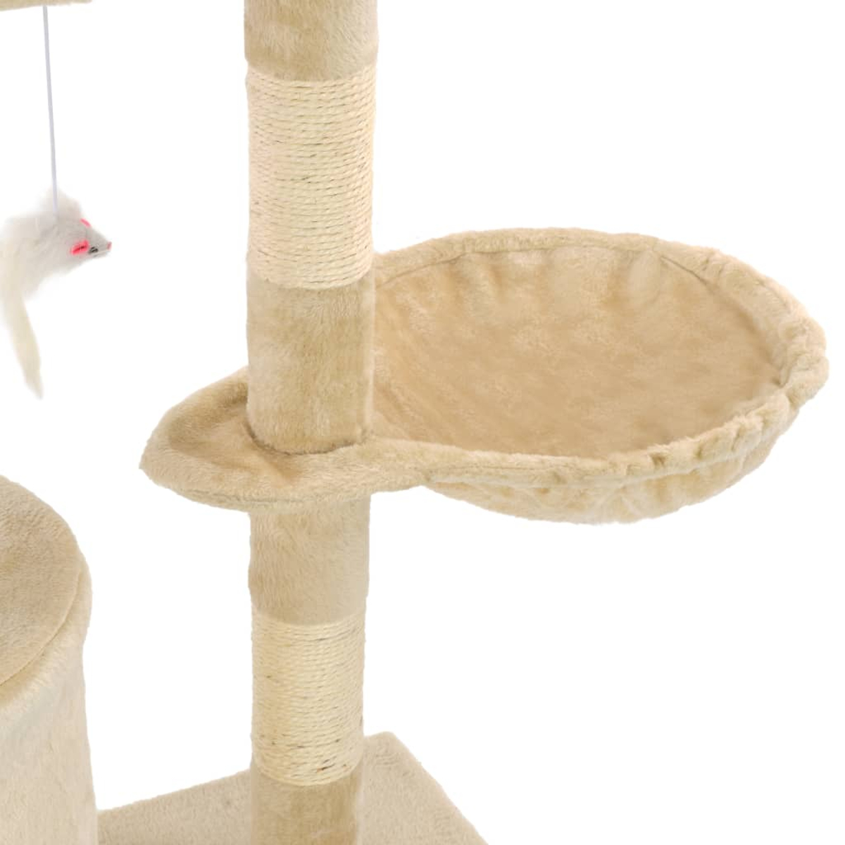 Beiger Katzenbaum mit mehreren Ebenen und einer hängenden Spielzeugmaus. Die Struktur hat Kratzbäume und eine bettähnliche Plattform.