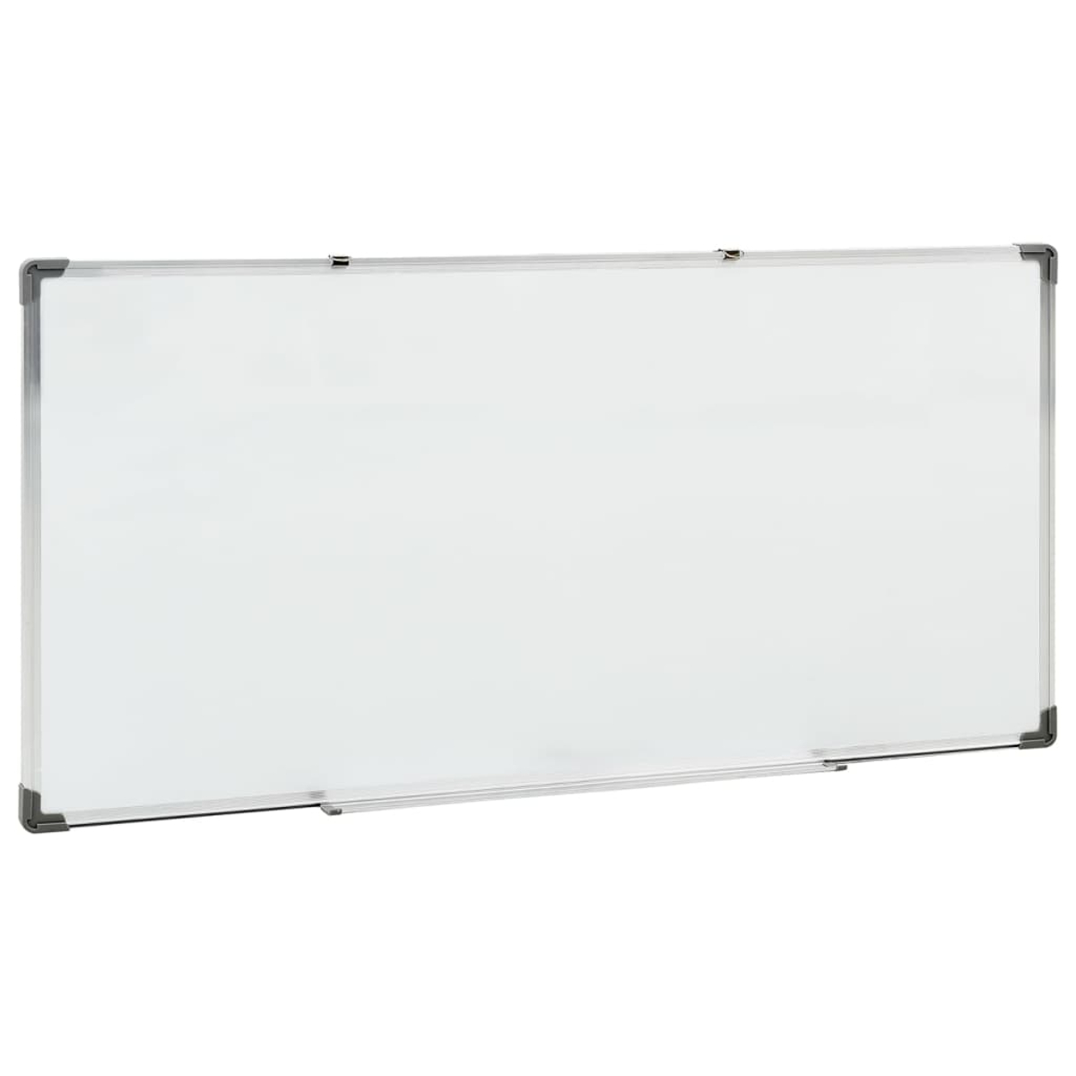 Eine rechteckige weiße Tafel mit silbernem Rahmen. Schwarze Eckstücke und eine Leiste unten. Der Hintergrund ist weiß.