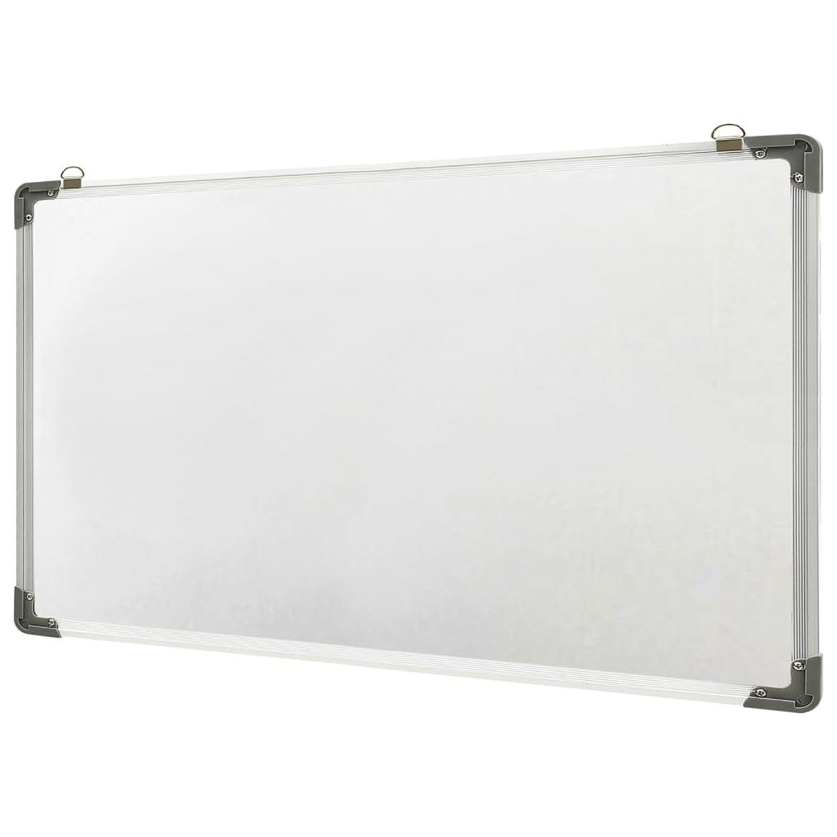Eine weiße, rechteckige Tafel mit silbernem Rahmen. Sie hat graue Eckstücke und zwei Metallschlaufen oben.