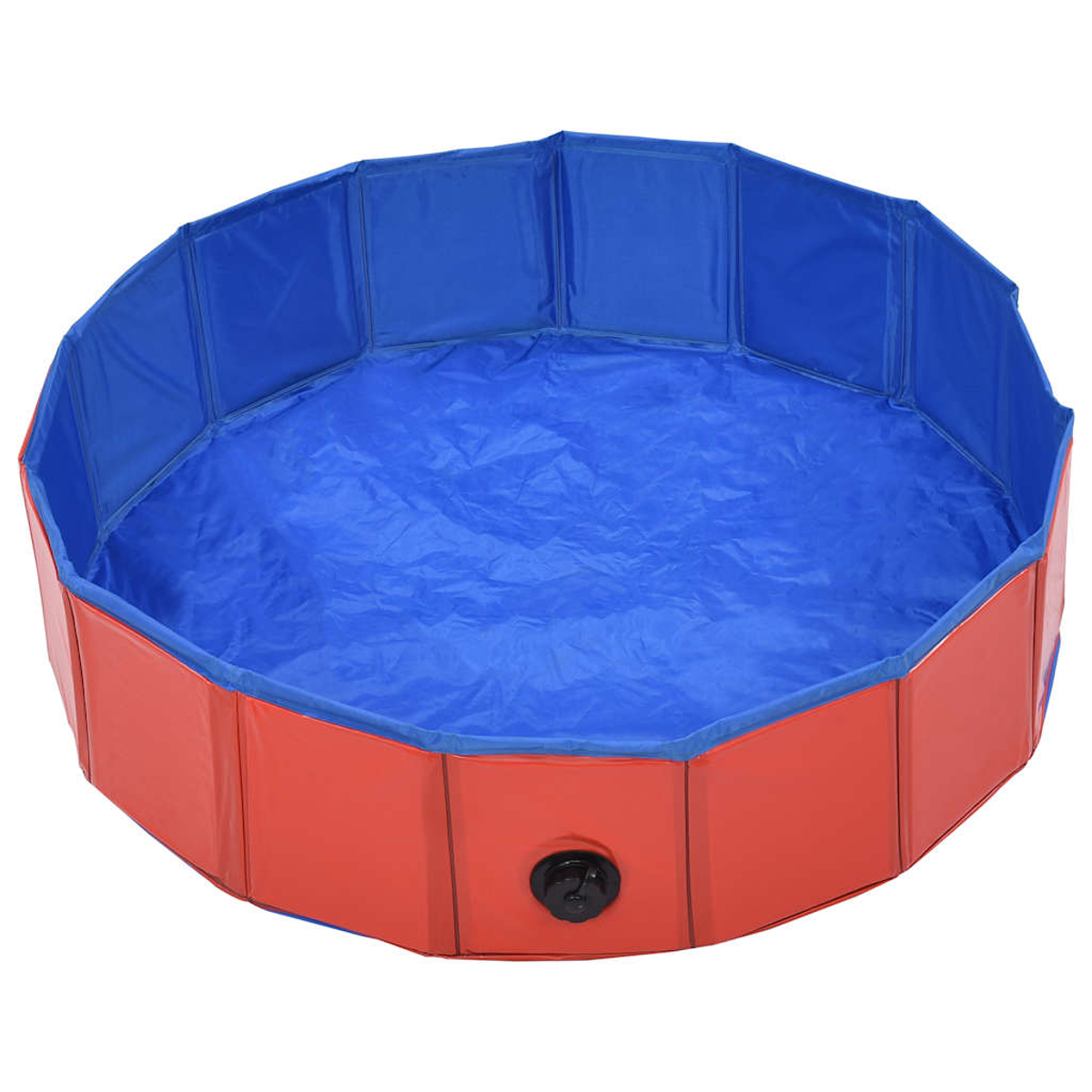 Ein faltbarer Hundepool, rote Außenseite, blaue Innenseite, achteckige Form. Mit schwarzem Ablaufventil.