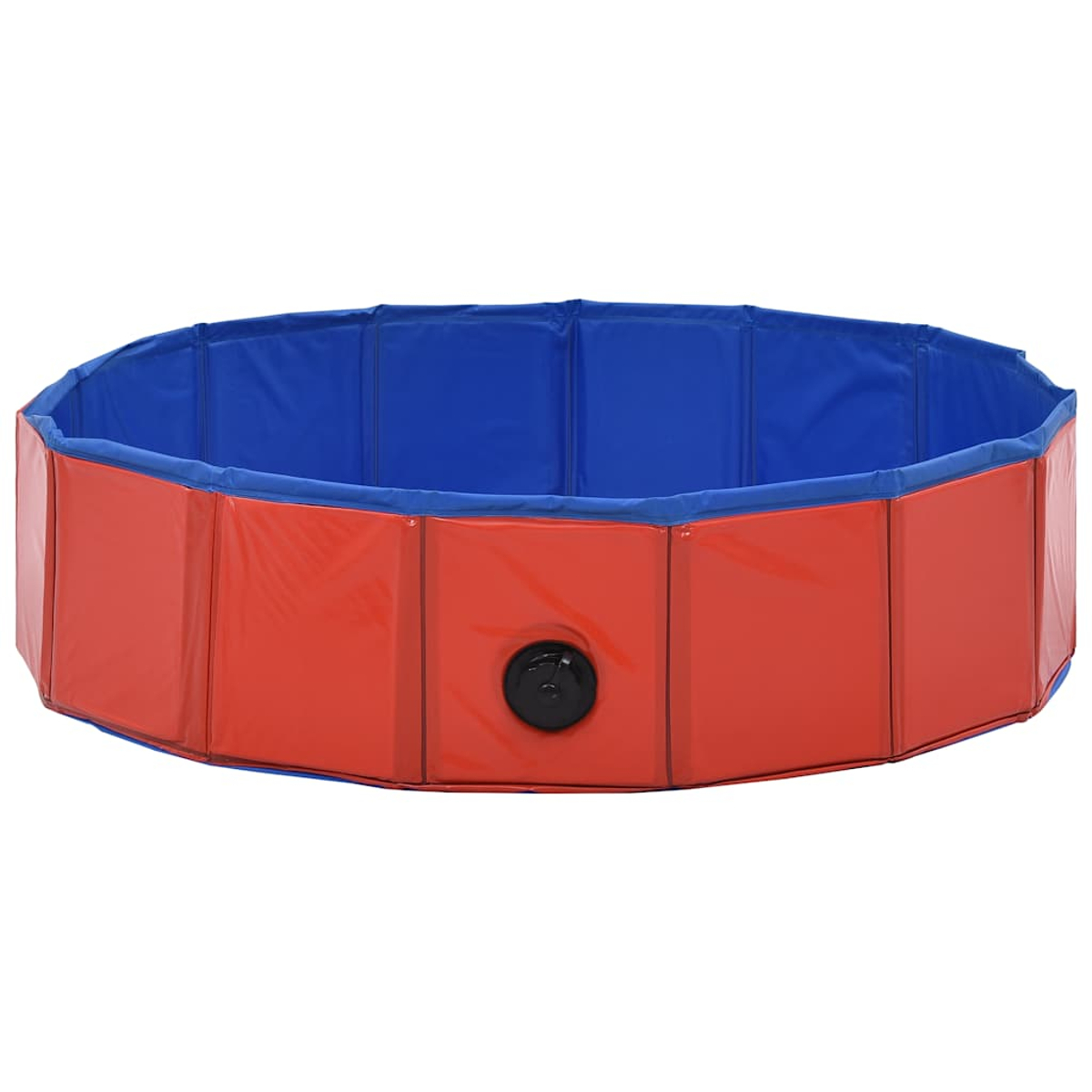 Ein rot-blaues, zusammenklappbares Haustierbecken. Das Becken ist achteckig mit roten Seiten und blauem Innenraum.