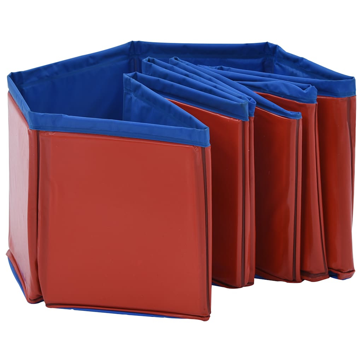 Ein rot-blaues, zusammenklappbares Hundepool. Das Pool besteht aus rotem Material mit blauem Futter. Das Pool ist ziehharmonikaartig gefaltet.
