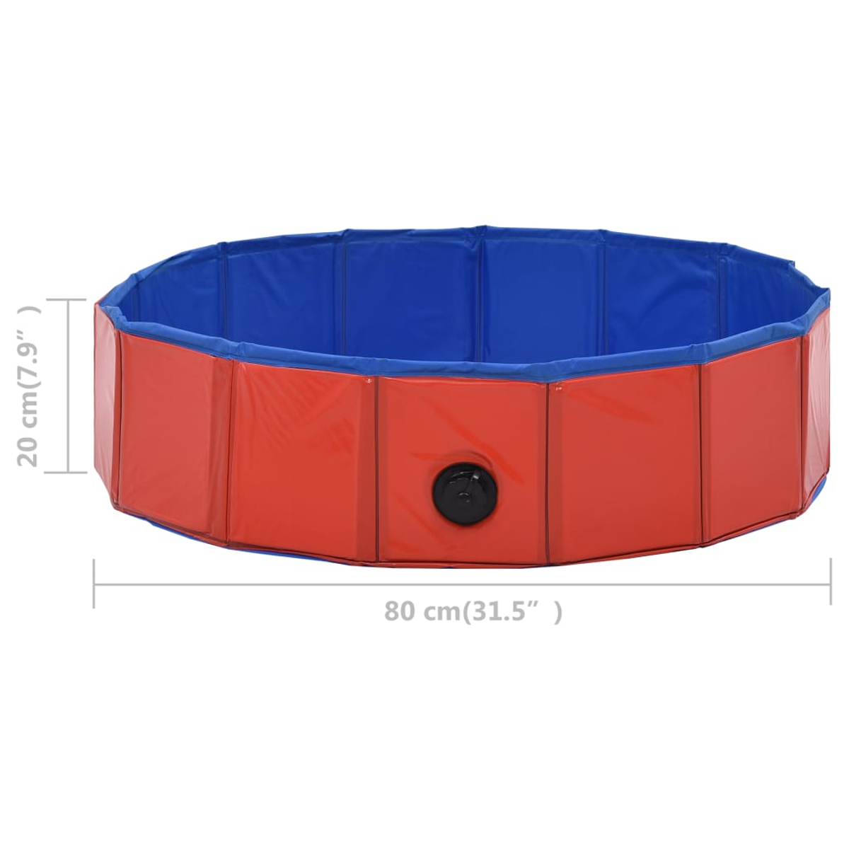 Ein rot-blaues Hundepool wird gezeigt. Es hat eine achteckige Form. Maße sind enthalten. Das Pool hat ein schwarzes Ventil.