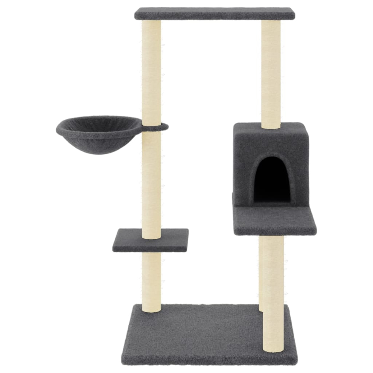 Ein grauer Katzenbaum mit mehreren Ebenen. Er hat eine Hängematte, einen Unterschlupf, Plattformen und Kratzbäume. Beige Pfosten tragen die grauen Oberflächen.