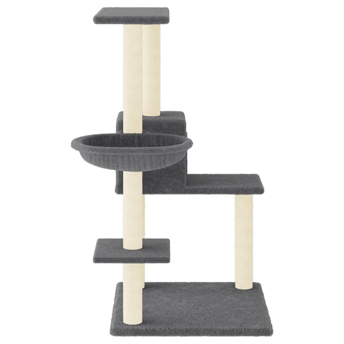 Ein grauer Katzenbaum mit mehreren Ebenen und einem schalenförmigen Bett. Beige Pfosten stützen die Plattformen. Weißer Hintergrund.