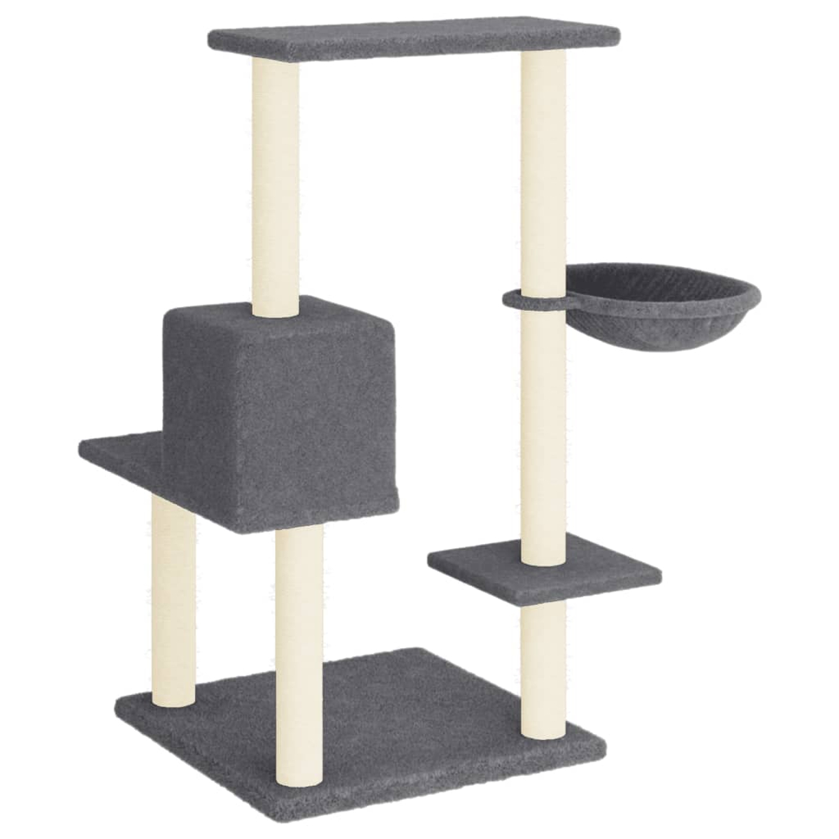 Ein grauer Katzenbaum mit mehreren Plattformen, einem Würfel, einem Korb und Kratzbäumen. Beige Pfosten stützen graue Plattformen.