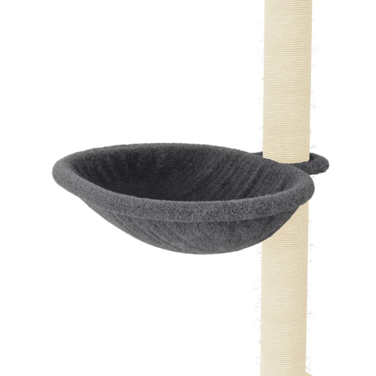 Ein graues, flauschiges Katzenbett ist an einer beigefarbenen, seilumwickelten Stange befestigt. Das Bett ist schalenförmig und der Hintergrund ist weiß.