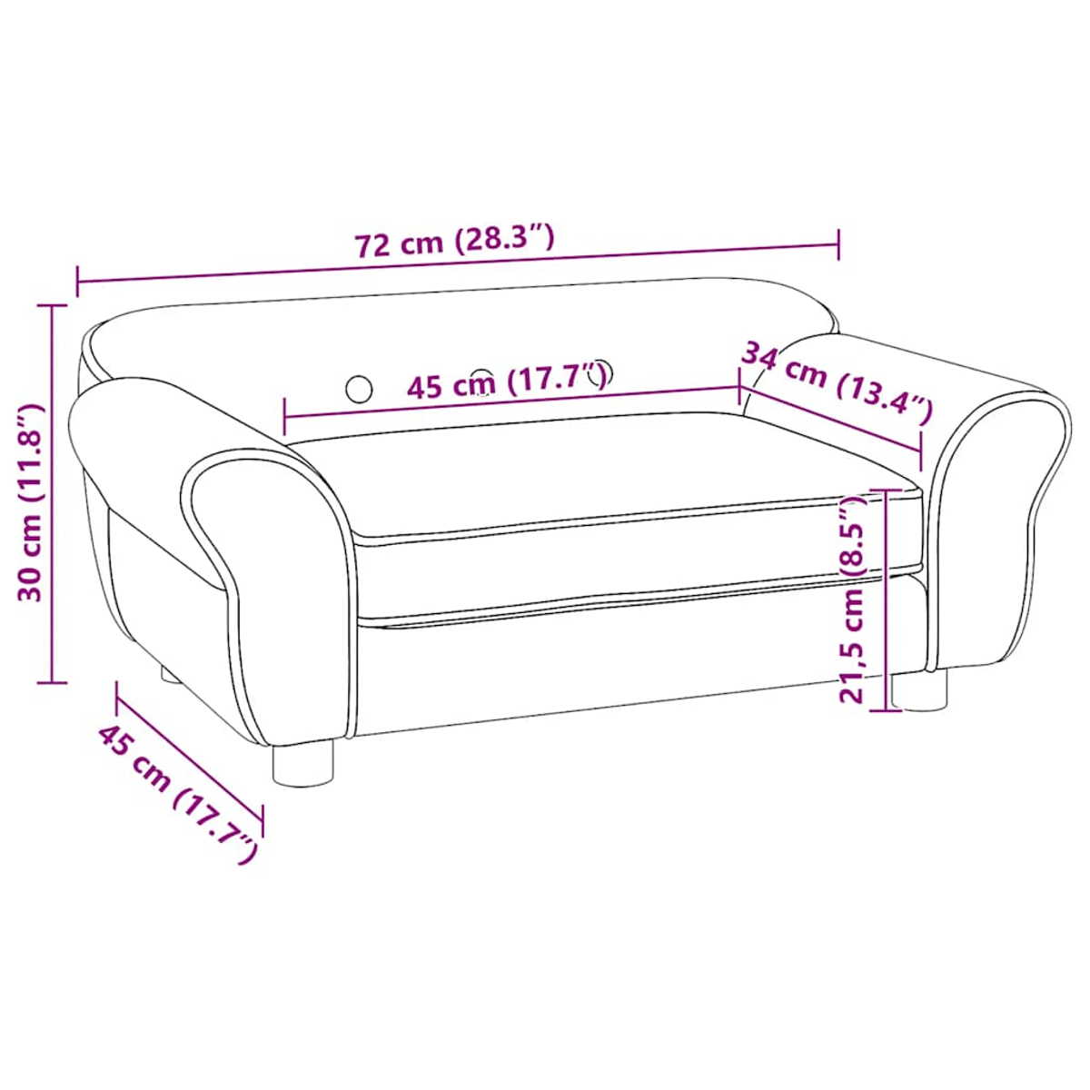 Strichzeichnung eines kleinen Sofas, mit Maßangaben in cm und Zoll. Es hat Armlehnen und eine gepolsterte Sitzfläche.