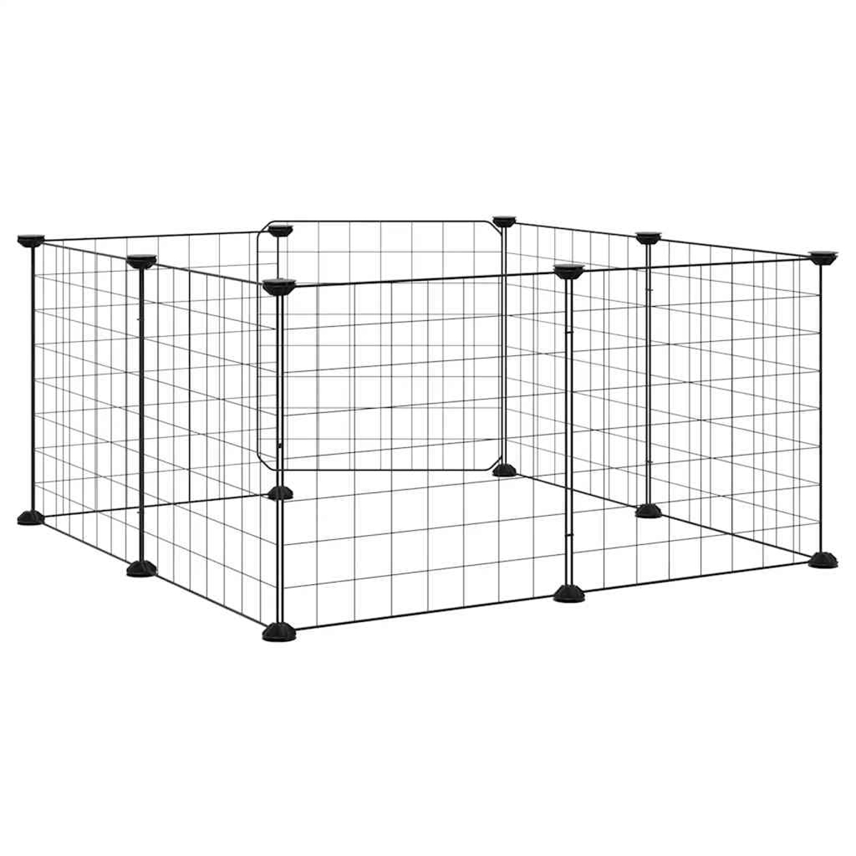 Ein schwarzer Metall-Haustier-Laufstall, quadratisch, mit gitterartigen Wänden. Er hat schwarze Eckverbinder und Füße. Der Hintergrund ist weiß.