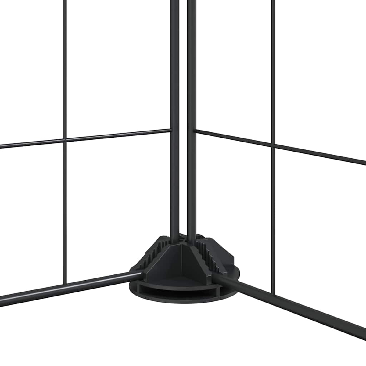 Schwarze Metallgitterstruktur auf weißem Hintergrund. Sichtbar sind vertikale und horizontale Stangen, die mit einer Basis verbunden sind.