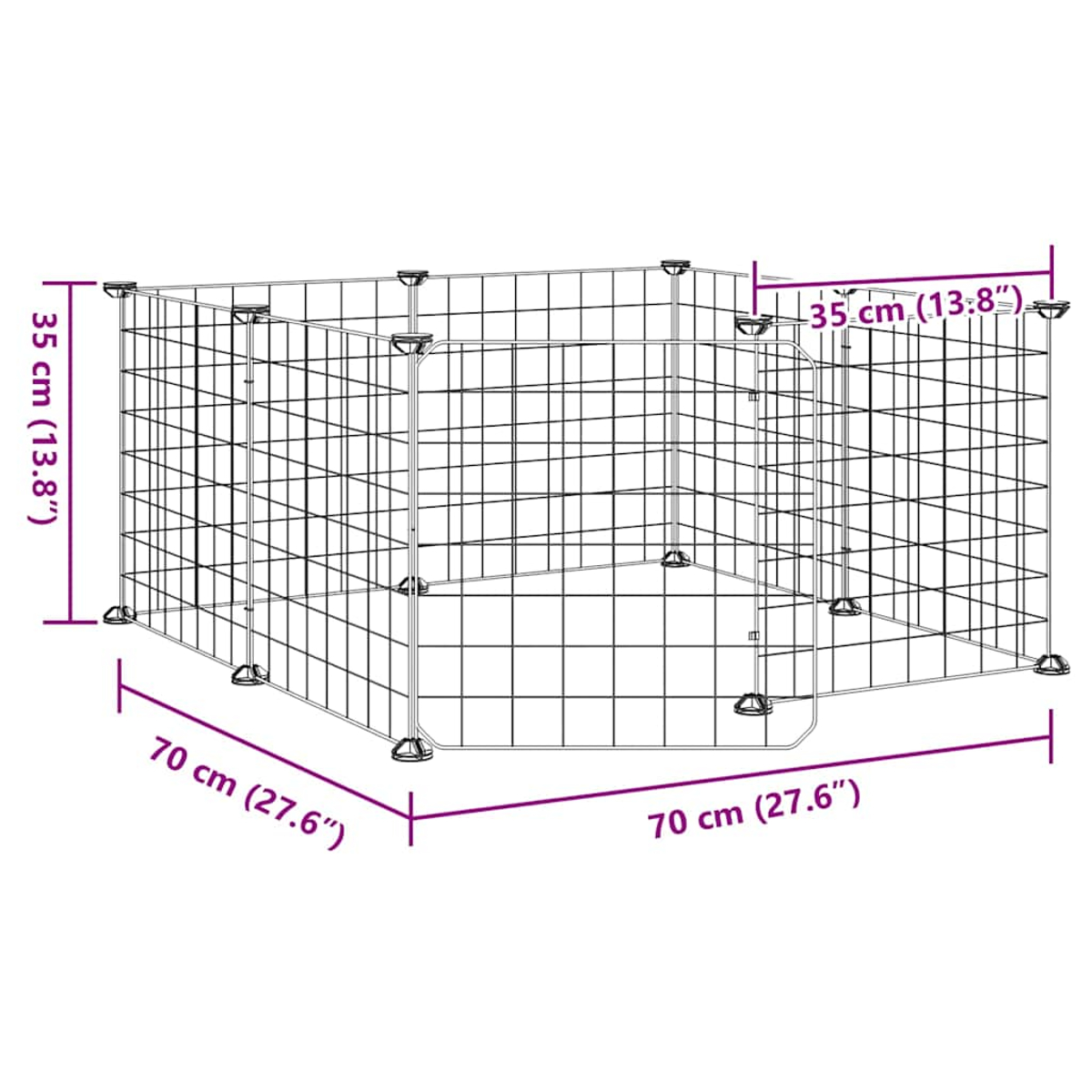 Ein rechteckiger Metall-Haustierkäfig mit Tür. Die Abmessungen sind beschriftet: 70 cm x 70 cm x 35 cm. Der Käfig besteht aus Drahtgeflecht.