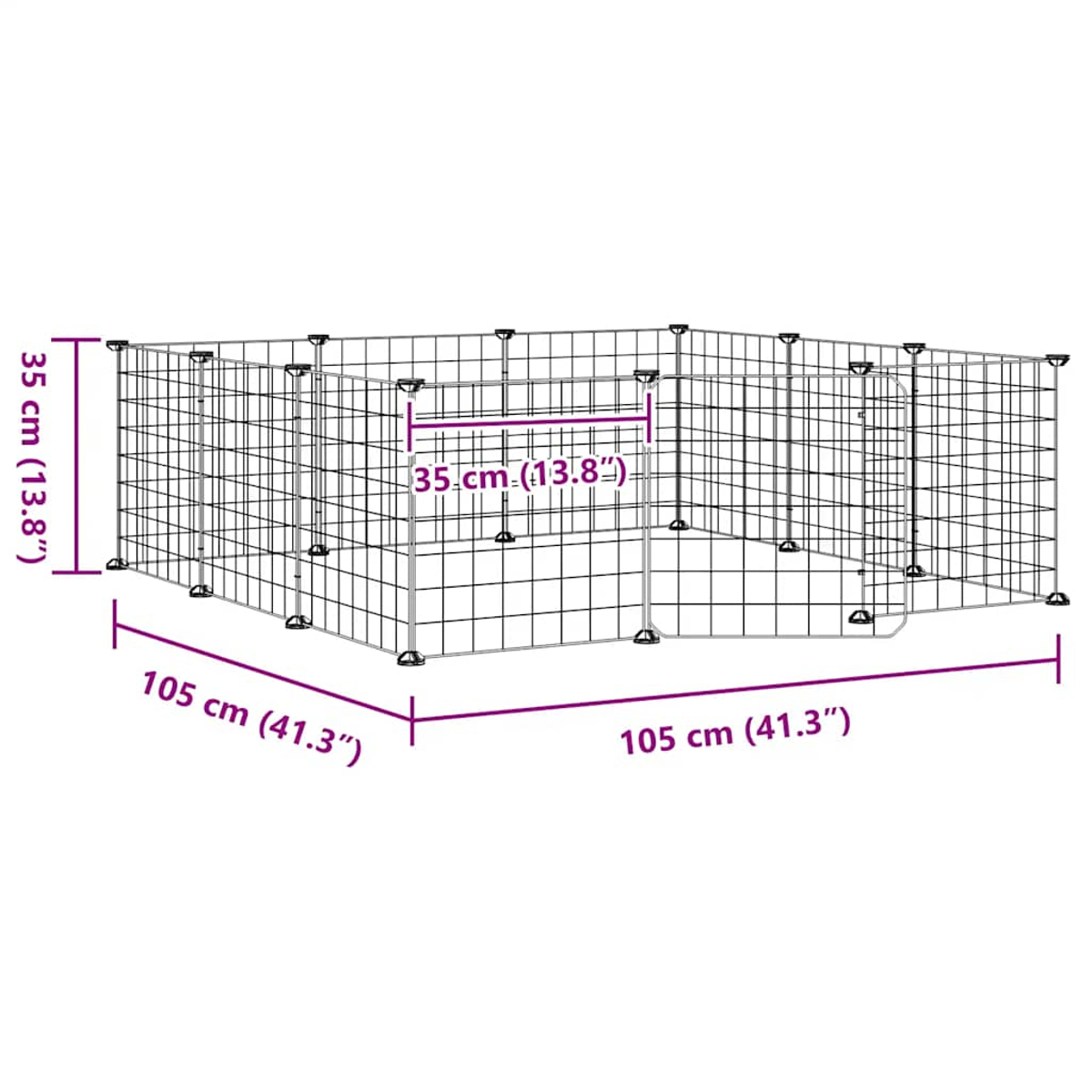 Ein Metall-Haustier-Gehege mit Maßen. Es ist rechteckig mit einem kleinen Tor. Maße sind 105 cm, 35 cm und 35 cm.