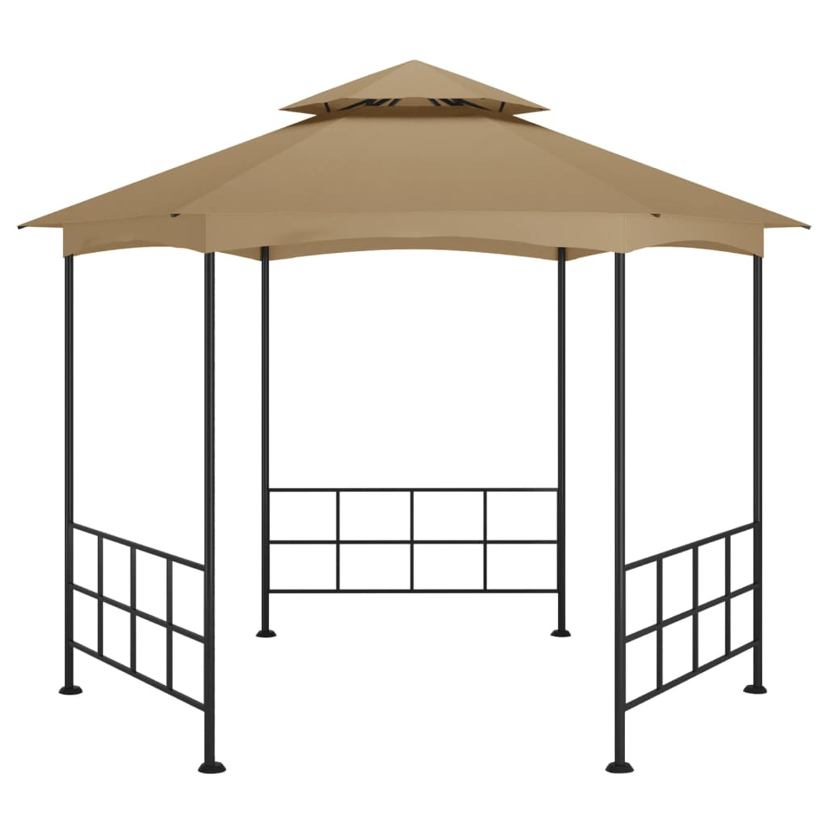 Ein beigefarbener Pavillon mit schwarzem Metallrahmen. Er hat ein mehrstöckiges Dach und dekorative Geländer. Die Struktur steht auf weißem Hintergrund.