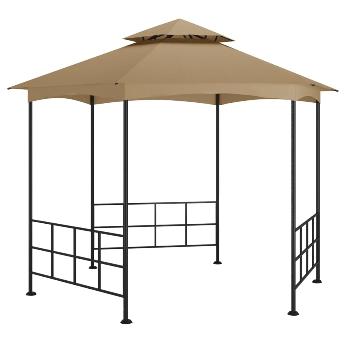 Beiger Pavillon mit schwarzem Metallrahmen. Er hat ein mehrstöckiges Dach und eine quadratische Basis mit dekorativen Seitengeländern.