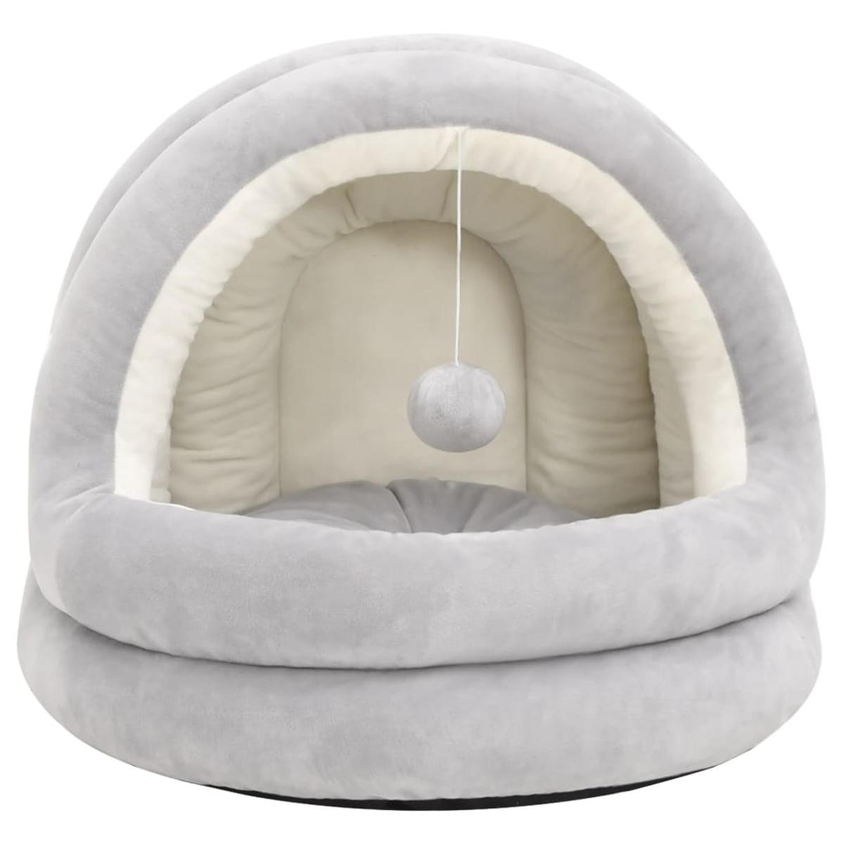 Ein graues Katzenbett in Kuppelform. Im Inneren hängt eine baumelnde Kugel. Das Bett hat ein weiches Aussehen und eine weiße Innenausstattung.