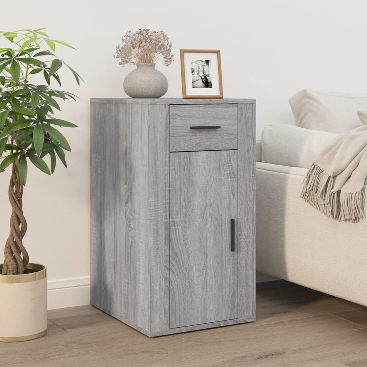 Ein grauer Schrank mit Schublade, Tür und Dekoration. Ein gerahmtes Foto und eine Vase mit Blumen stehen oben. Links ist eine Pflanze.