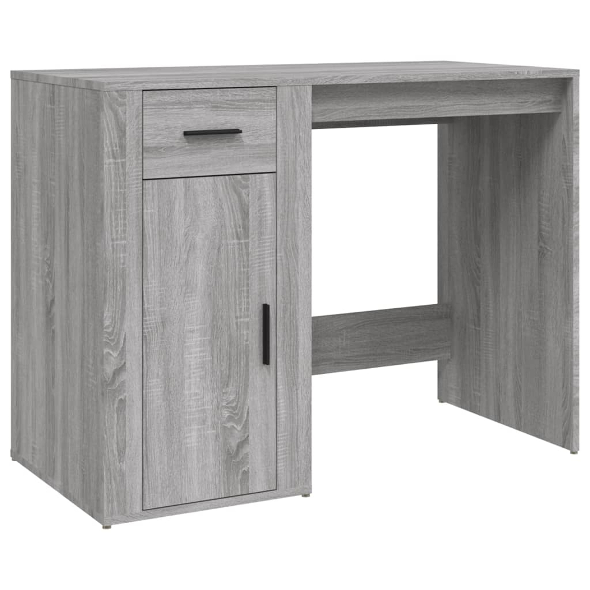 Ein grauer Holzschreibtisch mit Schublade, Schrank und Arbeitsfläche. Die Schublade und der Schrank haben schwarze Griffe.