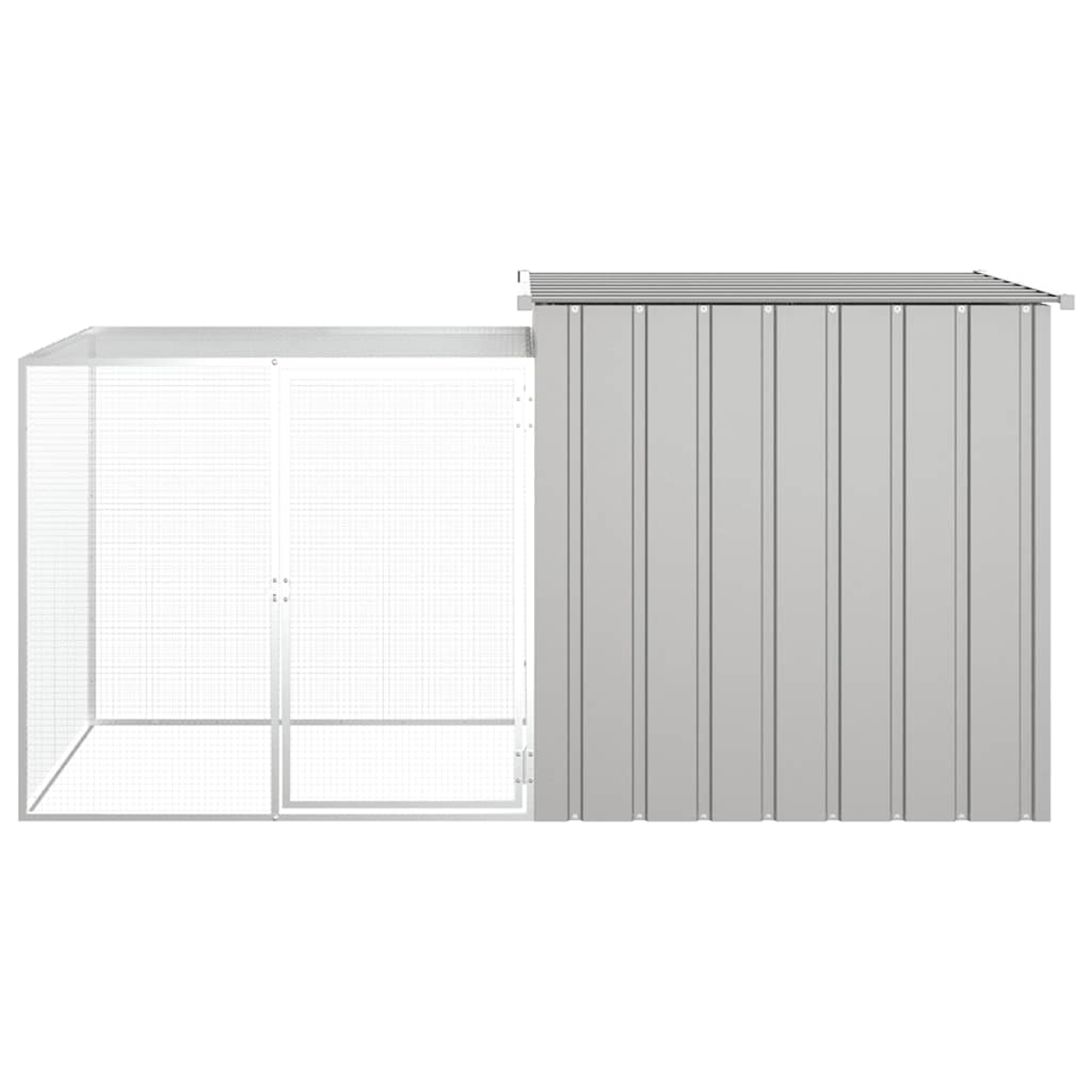 Ein graues Metallshed mit einem Drahtgeflecht. Das Shed hat ein schräges Dach. Der Gehege hat eine Tür.