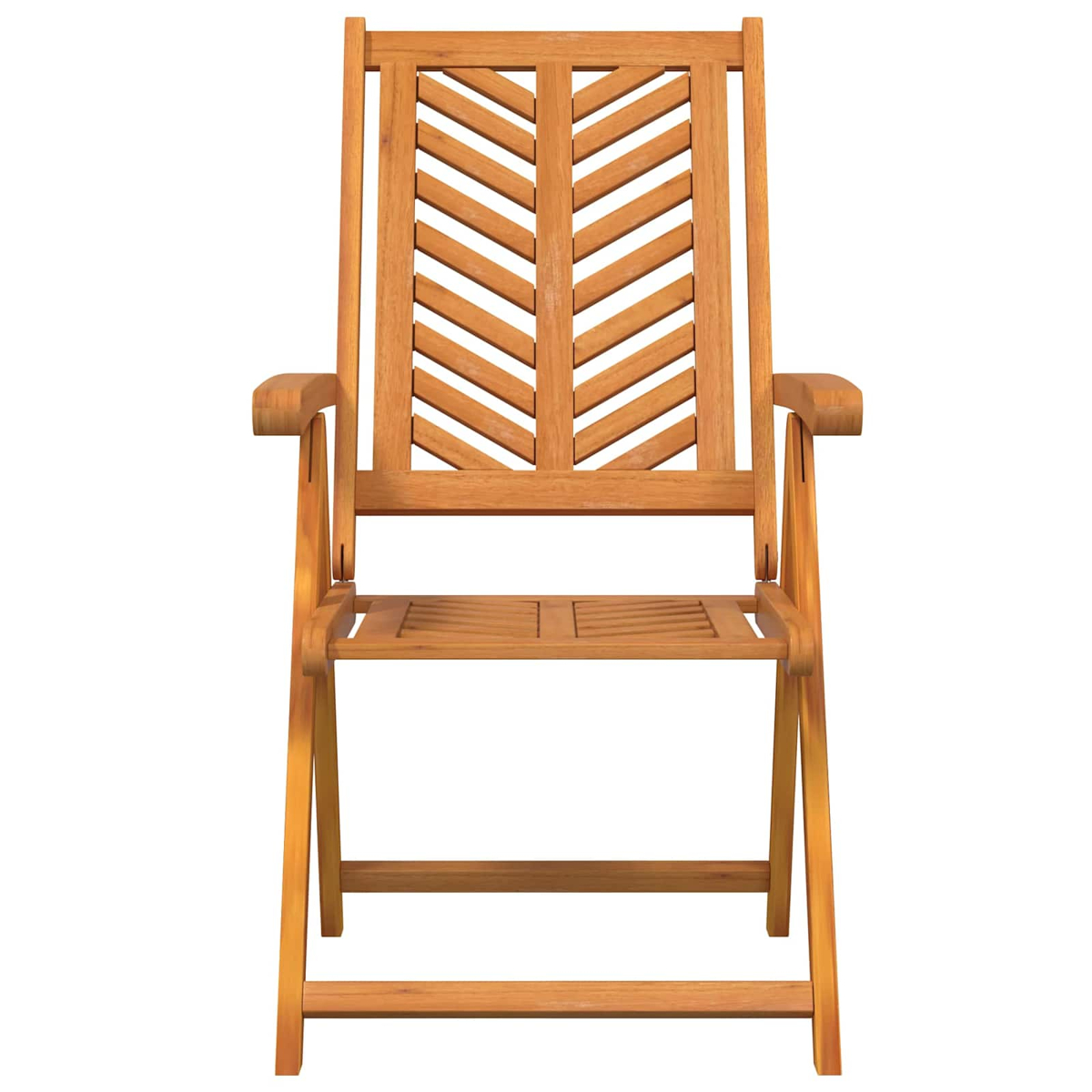 Ein Holzstuhl für den Außenbereich. Die Rückenlehne hat ein Zickzack-Design. Der Stuhl ist hellbraun und steht auf weißem Hintergrund.