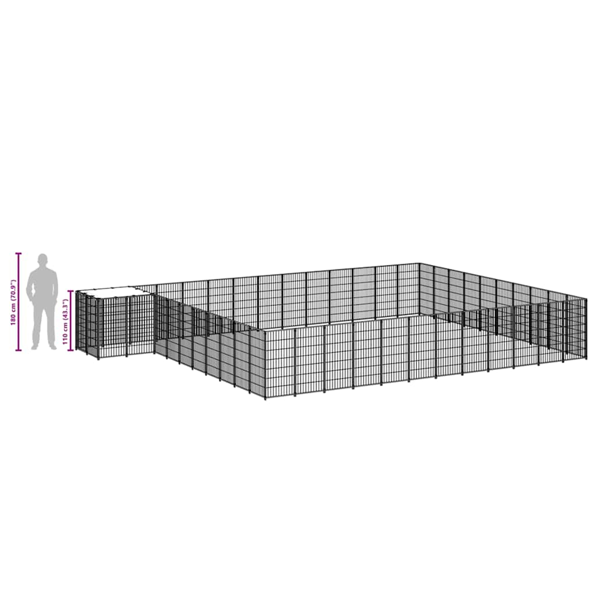 Gezeigt wird ein großer schwarzer Metall-Haustierzwinger, neben einer Diagramm einer Person zur Maßstabsbestimmung. Maße sind ebenfalls angegeben.
