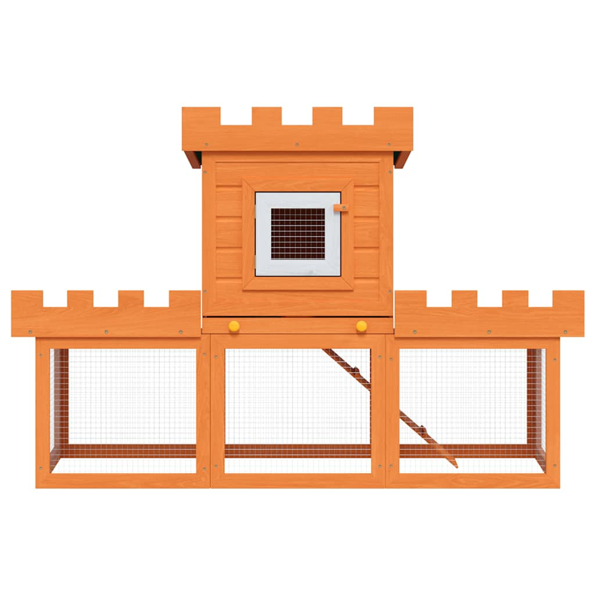 Oranges Haustierhaus aus Holz im Burgdesign. Verfügt über einen Turm mit Fenster und Drahtgehege auf beiden Seiten. Weißer Hintergrund.