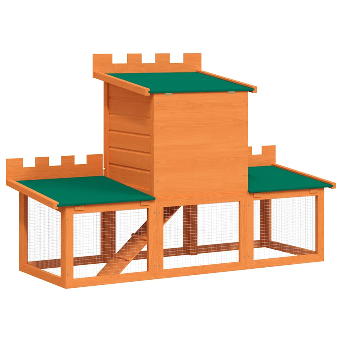 Hühnerstall aus Holz mit grünen Dächern und Drahtgeflecht. Er hat mehrere Ebenen, Rampenzugang und ein burgähnliches Design.