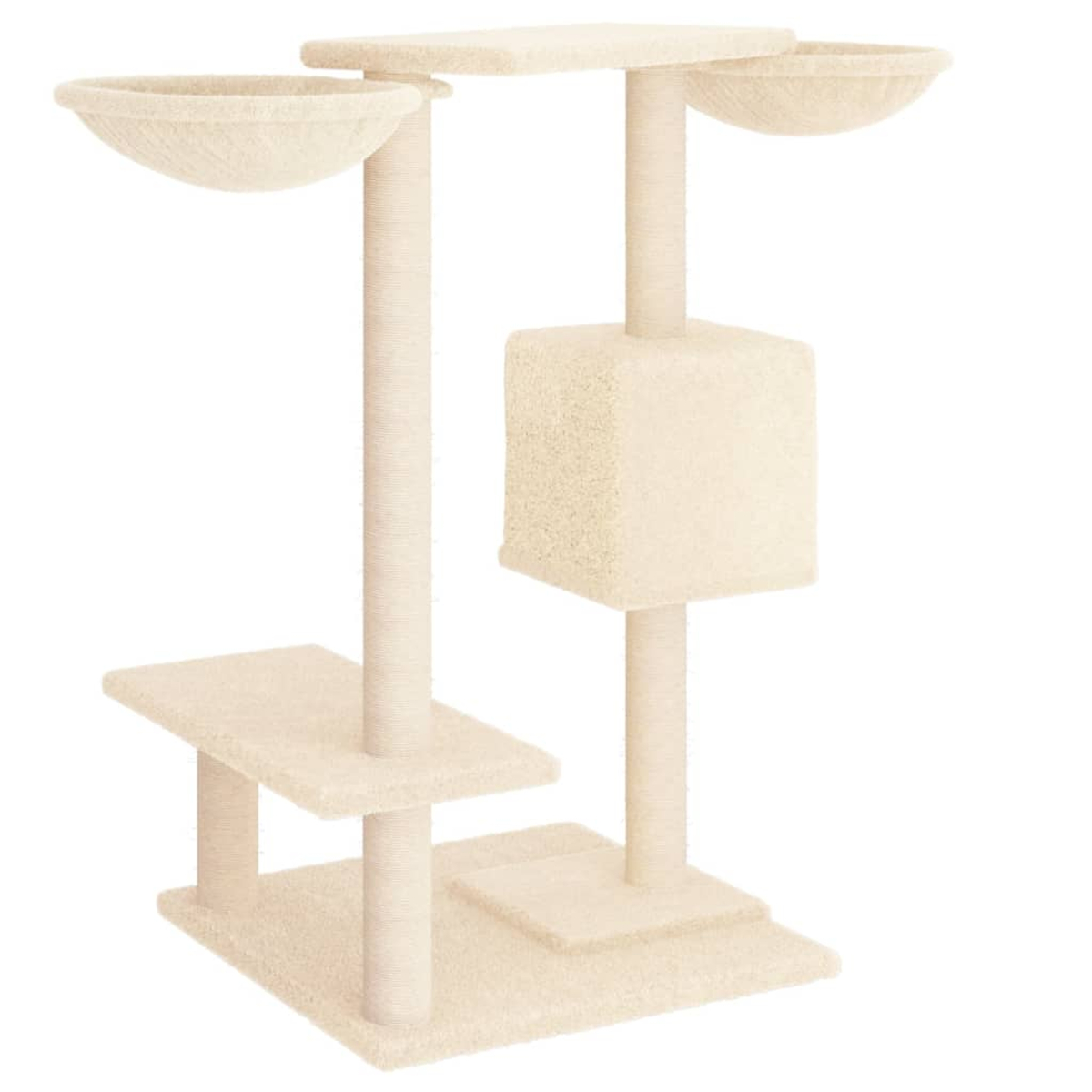 Ein beiger Kratzbaum mit mehreren Plattformen, Pfosten und Schalen. Die Struktur hat eine quadratische Basis, einen Würfel und zwei schalenförmige Liegeflächen.