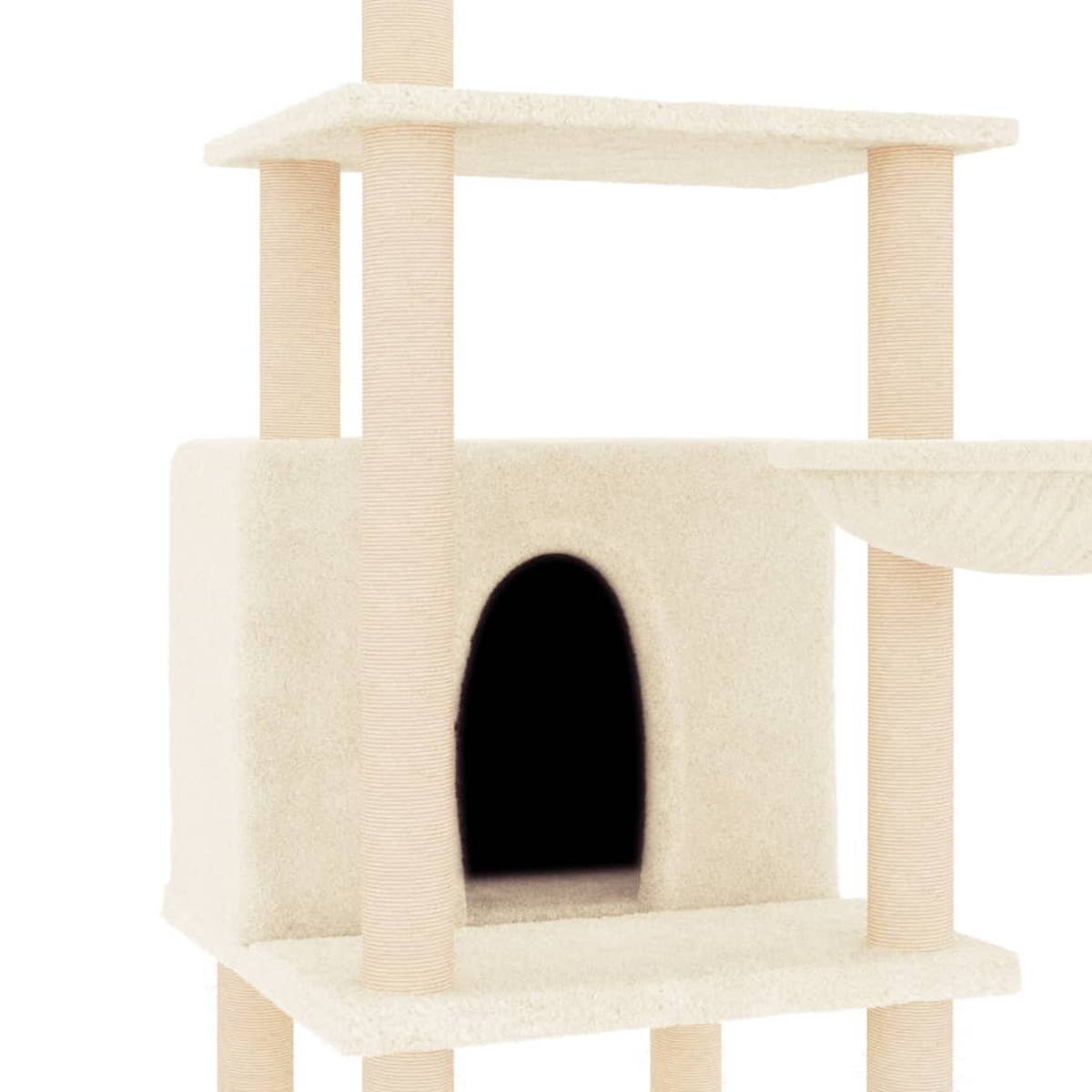 Ein beiger Kratzbaum mit mehreren Ebenen und einem Katzenhaus mit rundem Eingang. Er hat Kratzpfosten und Plattformen.