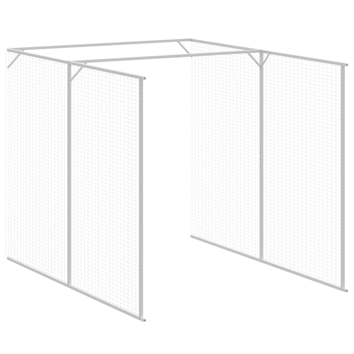 Eine Metallgitterstruktur, möglicherweise ein Käfig oder eine Einfriedung, mit einem rechteckigen Oberteil und Seitenwänden. Es hat ein Gittermuster.