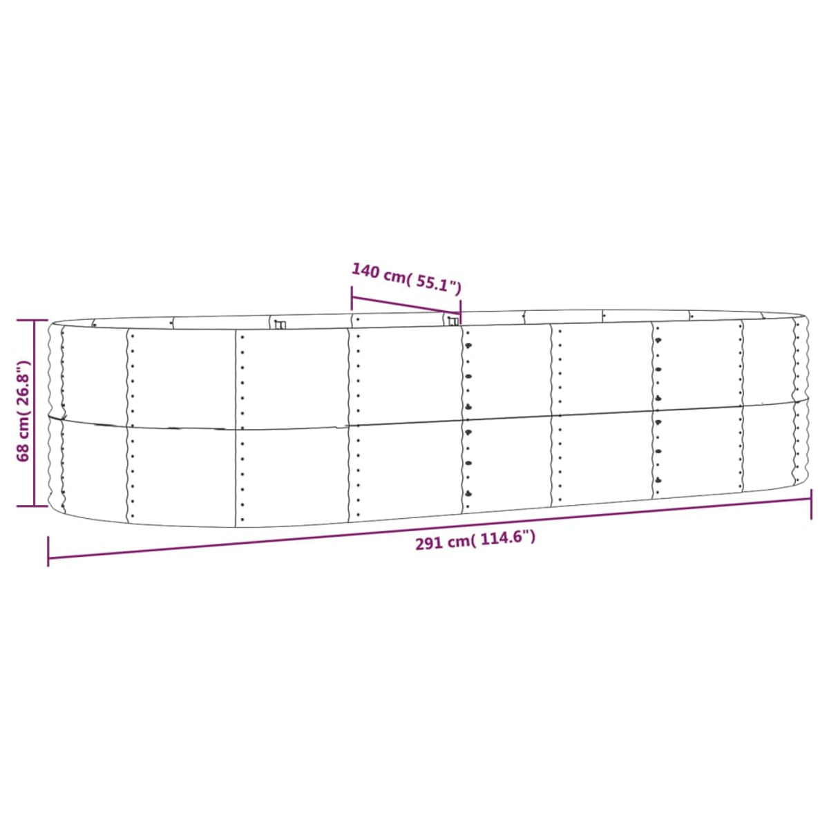 Eine Illustration zeigt einen rechteckigen Behälter mit den angegebenen Maßen: 291 cm (114,6"), 140 cm (55,1") und 68 cm (26,8").